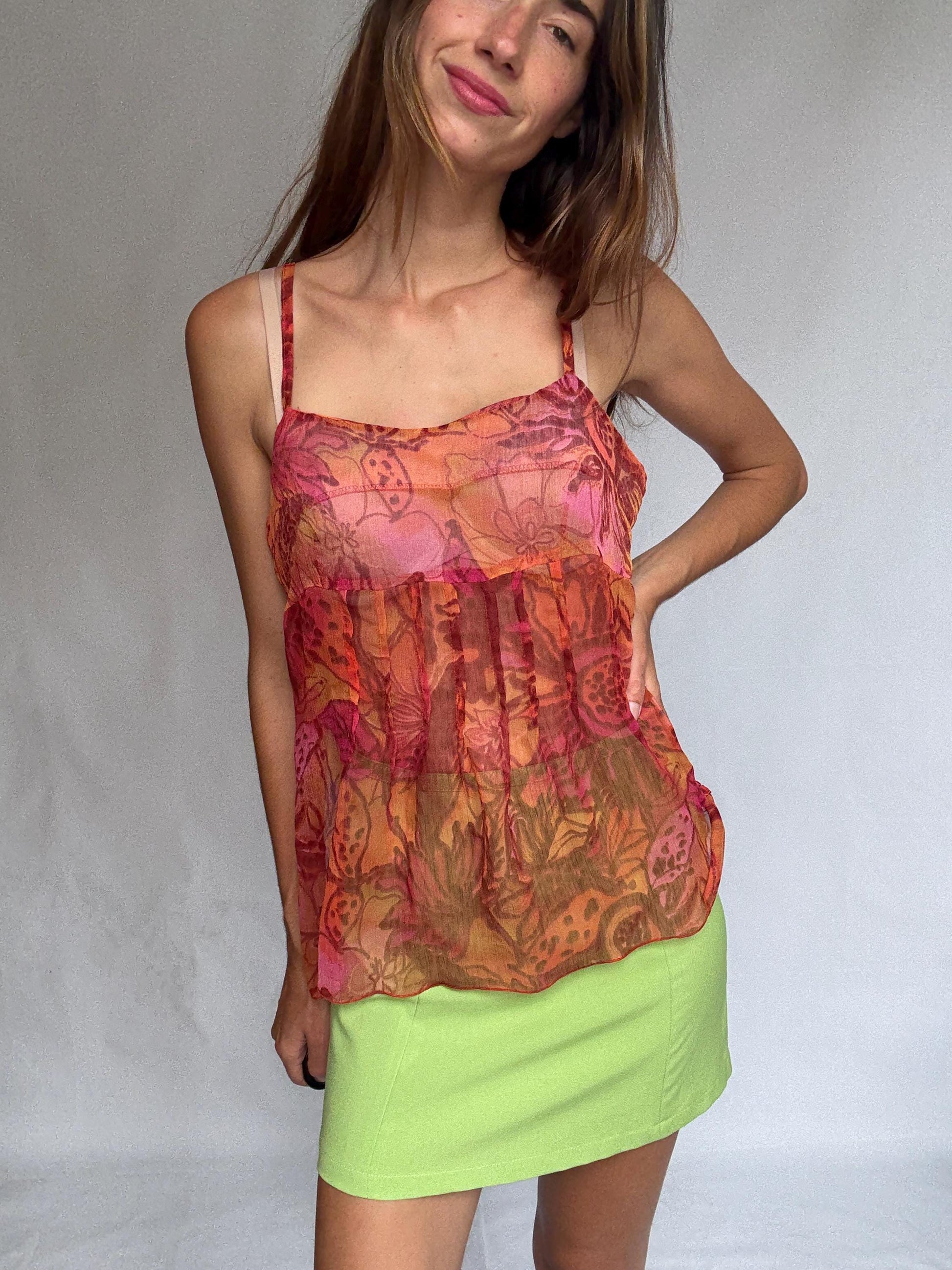 Sheer Floral Tank Top Patrice Bréal Size 42 – Sleeveless Flowy Blouse Pink Orange Tones Summer Layering Tee