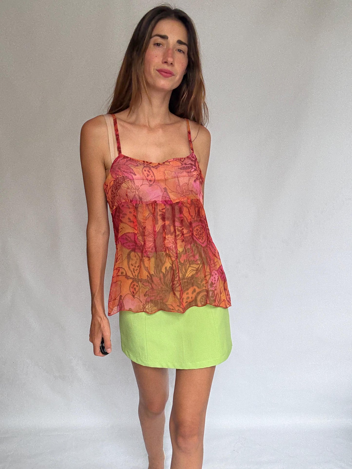 Sheer Floral Tank Top Patrice Bréal Size 42 – Sleeveless Flowy Blouse Pink Orange Tones Summer Layering Tee