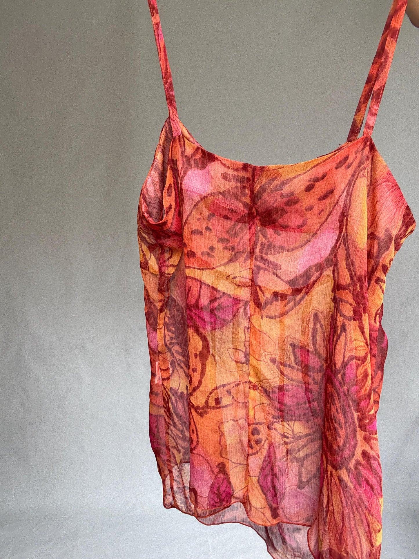Sheer Floral Tank Top Patrice Bréal Size 42 – Sleeveless Flowy Blouse Pink Orange Tones Summer Layering Tee