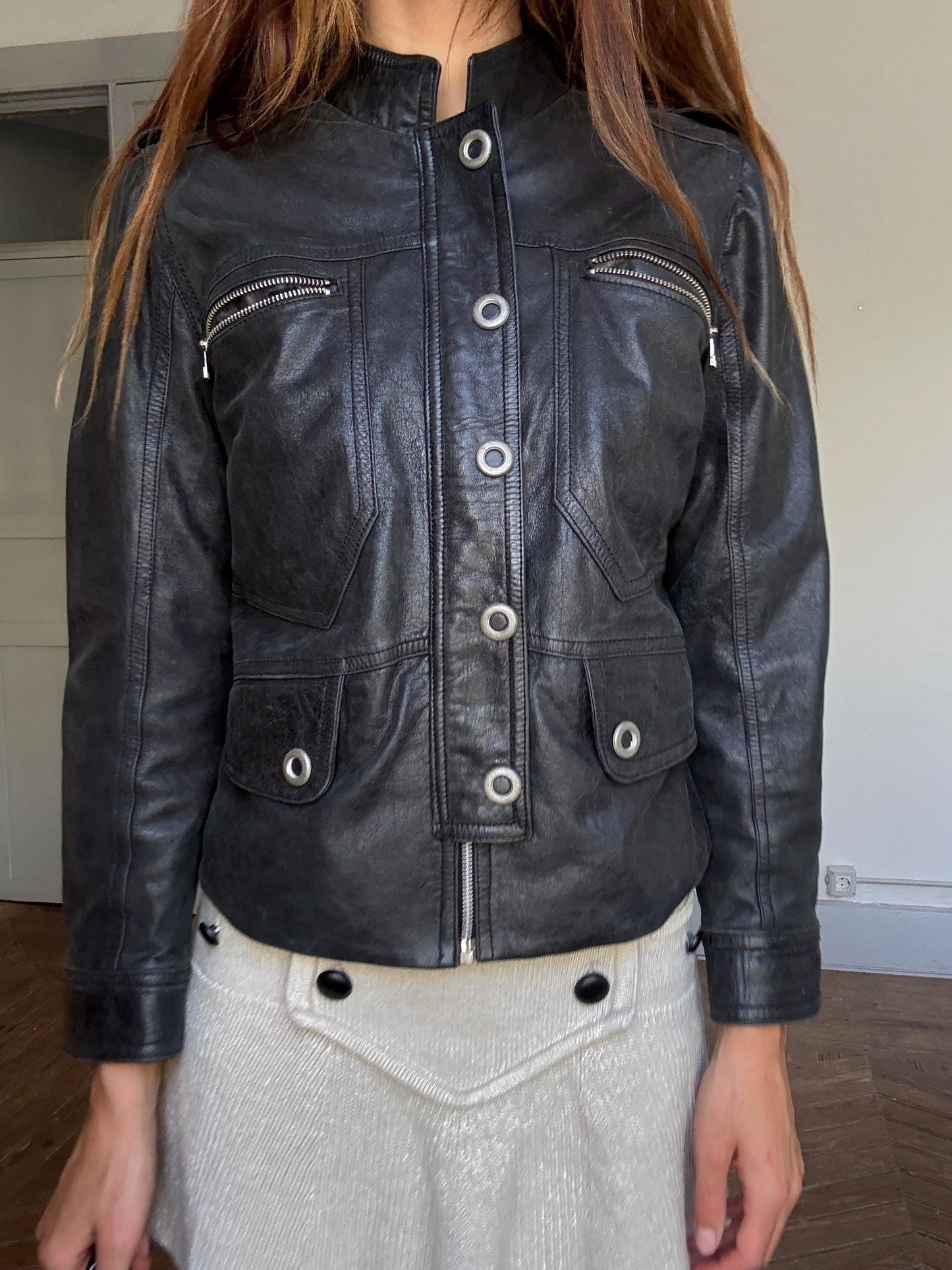 Vintage black leather biker jacket women