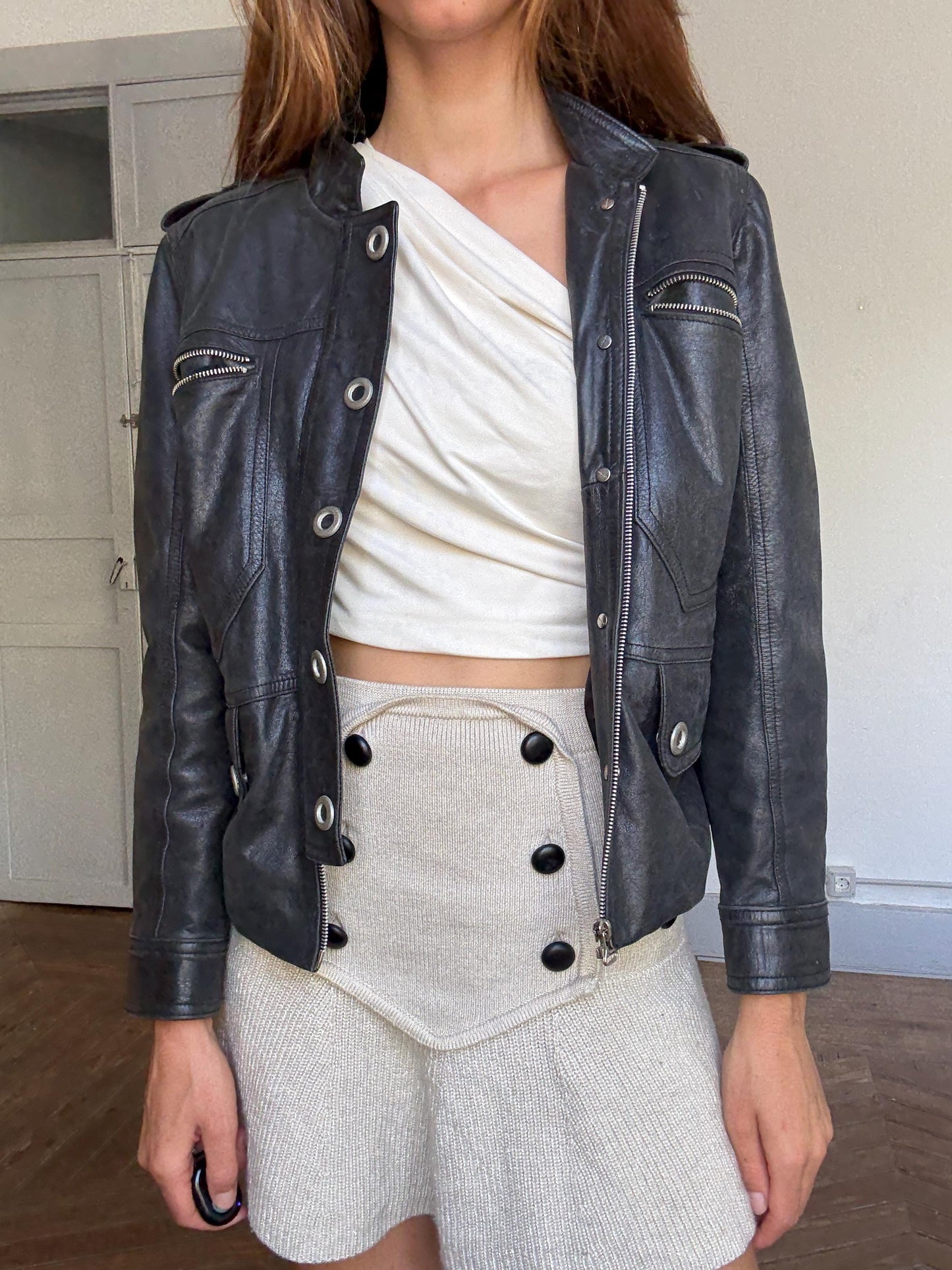 Vintage black leather biker jacket women