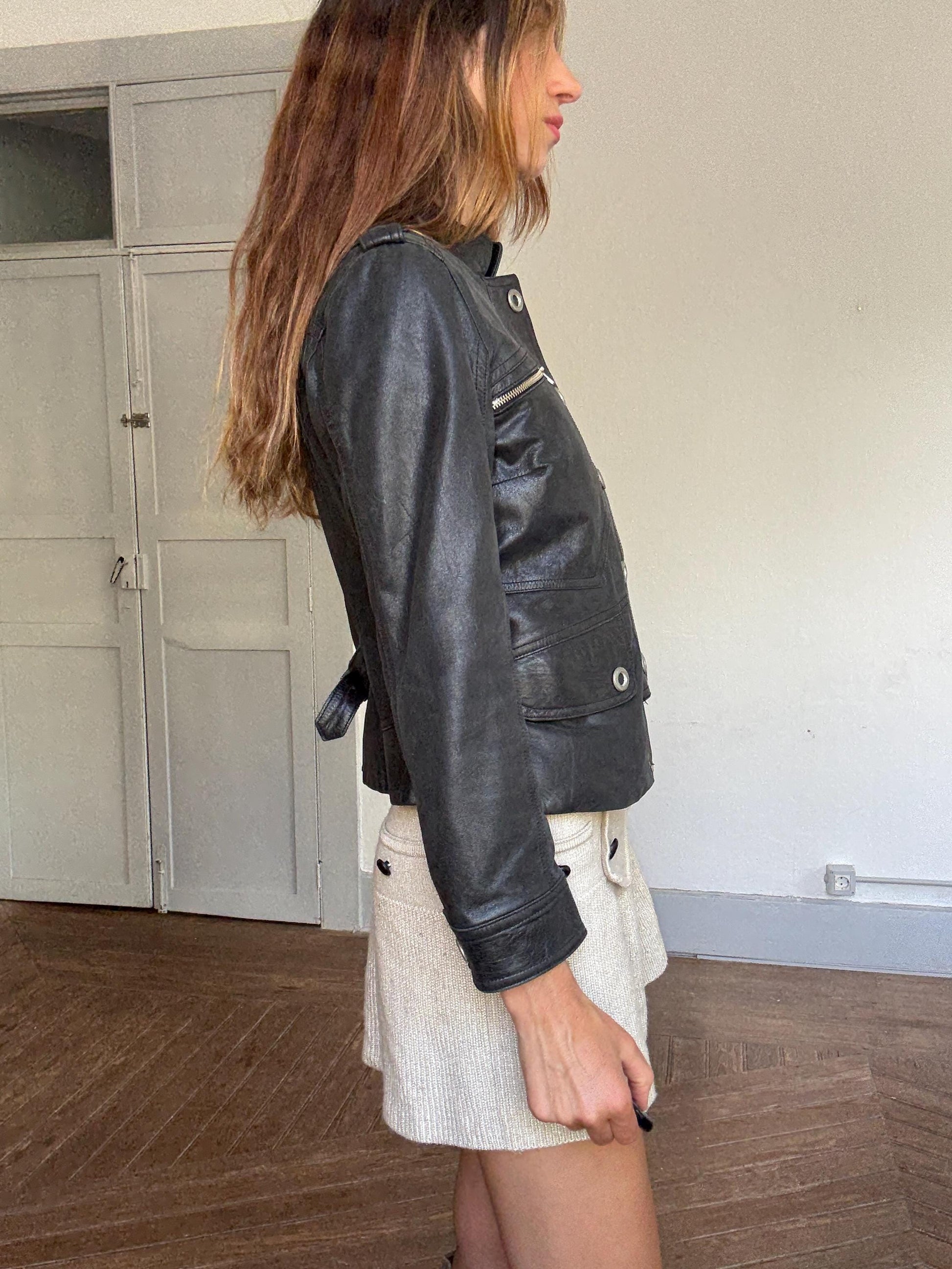 Vintage black leather biker jacket women