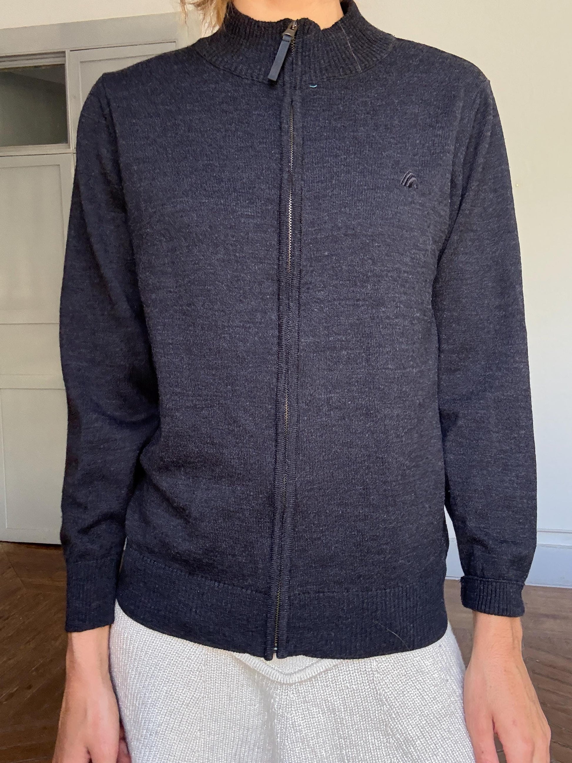 Vintage dark grey merino wool zip cardigan by Mako Jeans | Soft wool blend sweater jacket | Size M, unisex fit, Y2K cozy essential