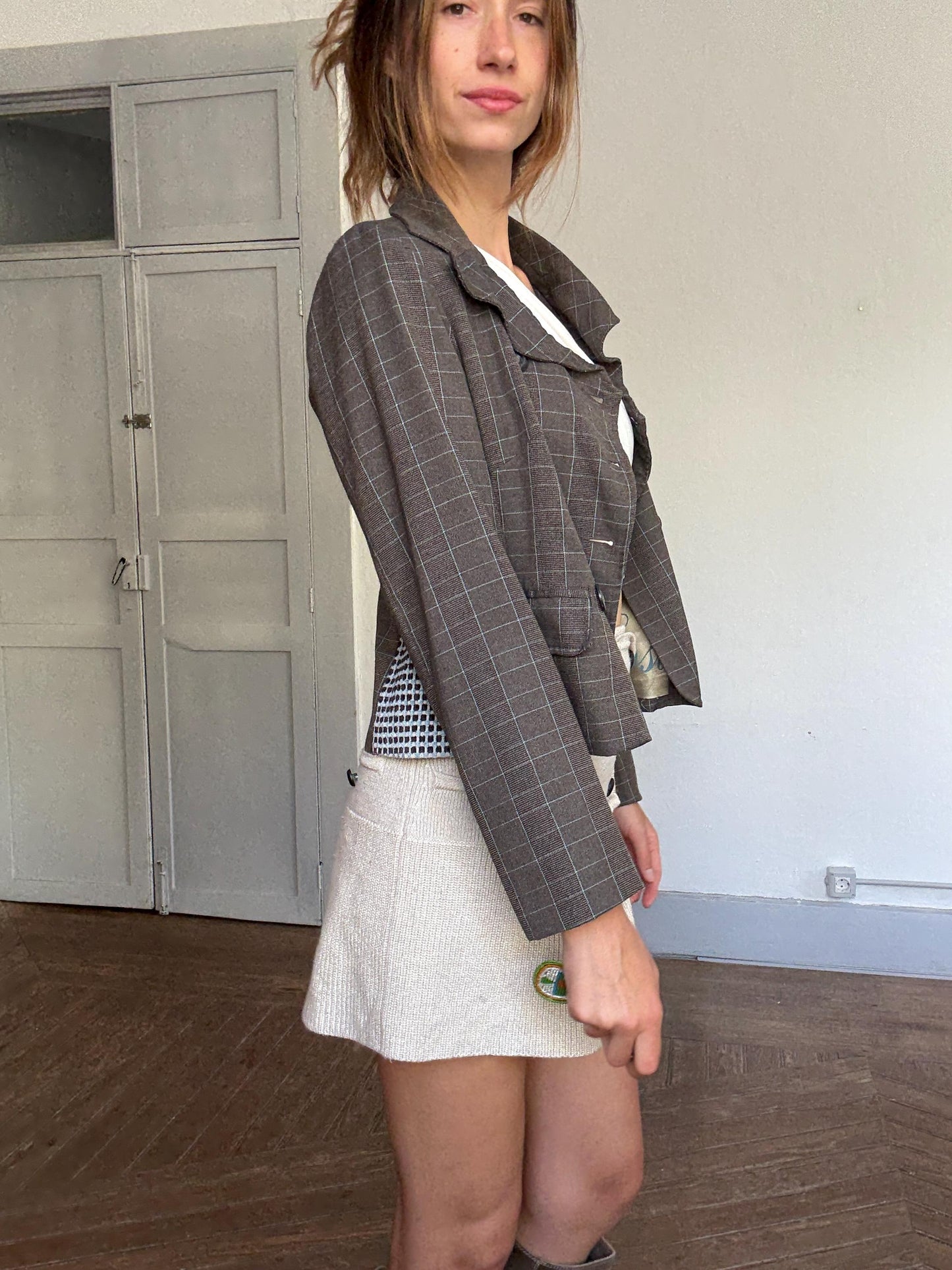 Laga Costura patchwork blazer jacket | Designer checked fitted blazer with embroidery | Size S-M | Unique tailored statement piece