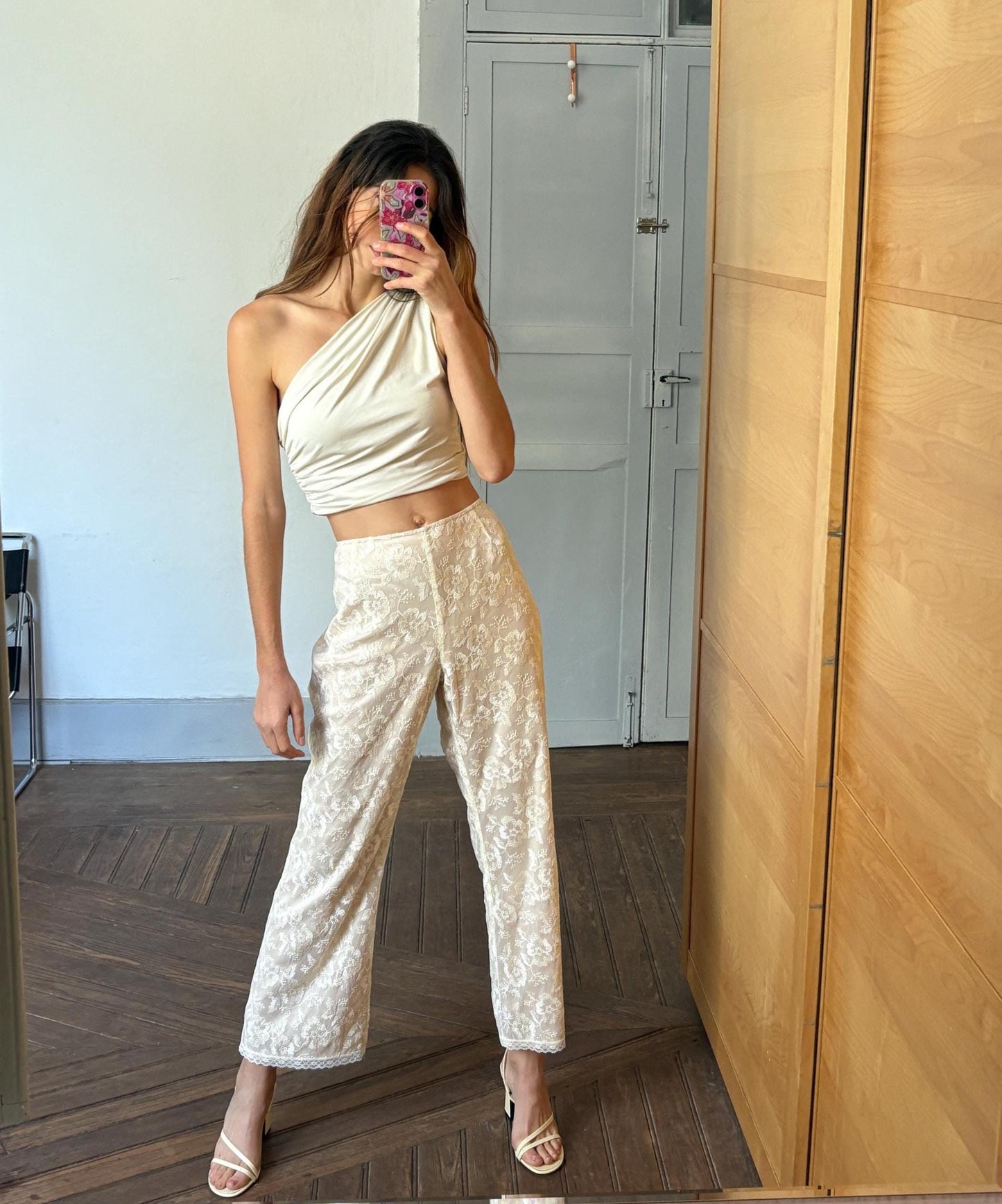 Romantic vintage floral lace pants | Ivory nude mesh trousers | Size EU 46 / 3X | Wedding guest look or dreamy elegant everyday fit