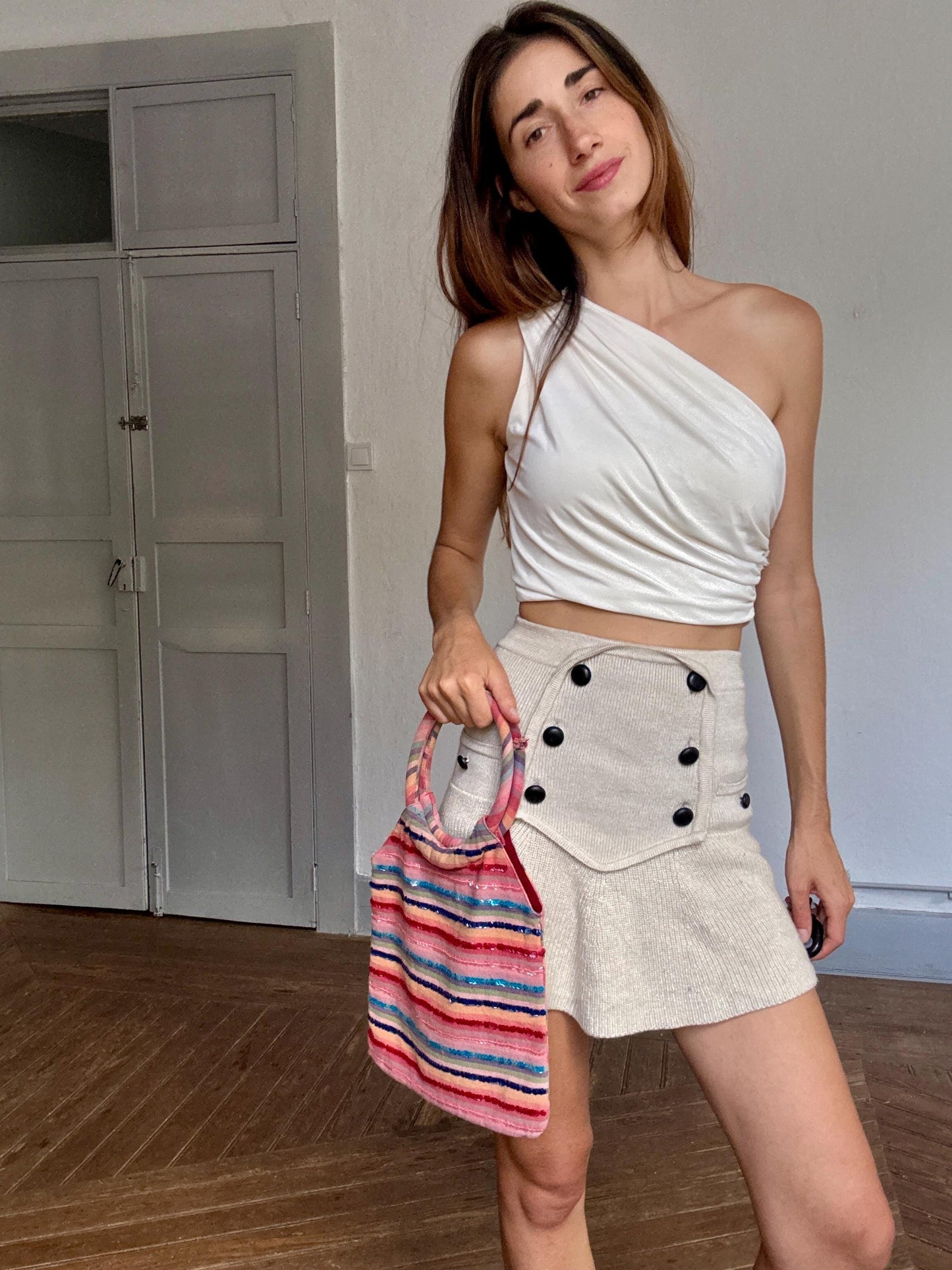 Colorful striped Y2K sequin handbag with round handles – secondhand 100% cotton bag with shimmer detail, unique statement purse