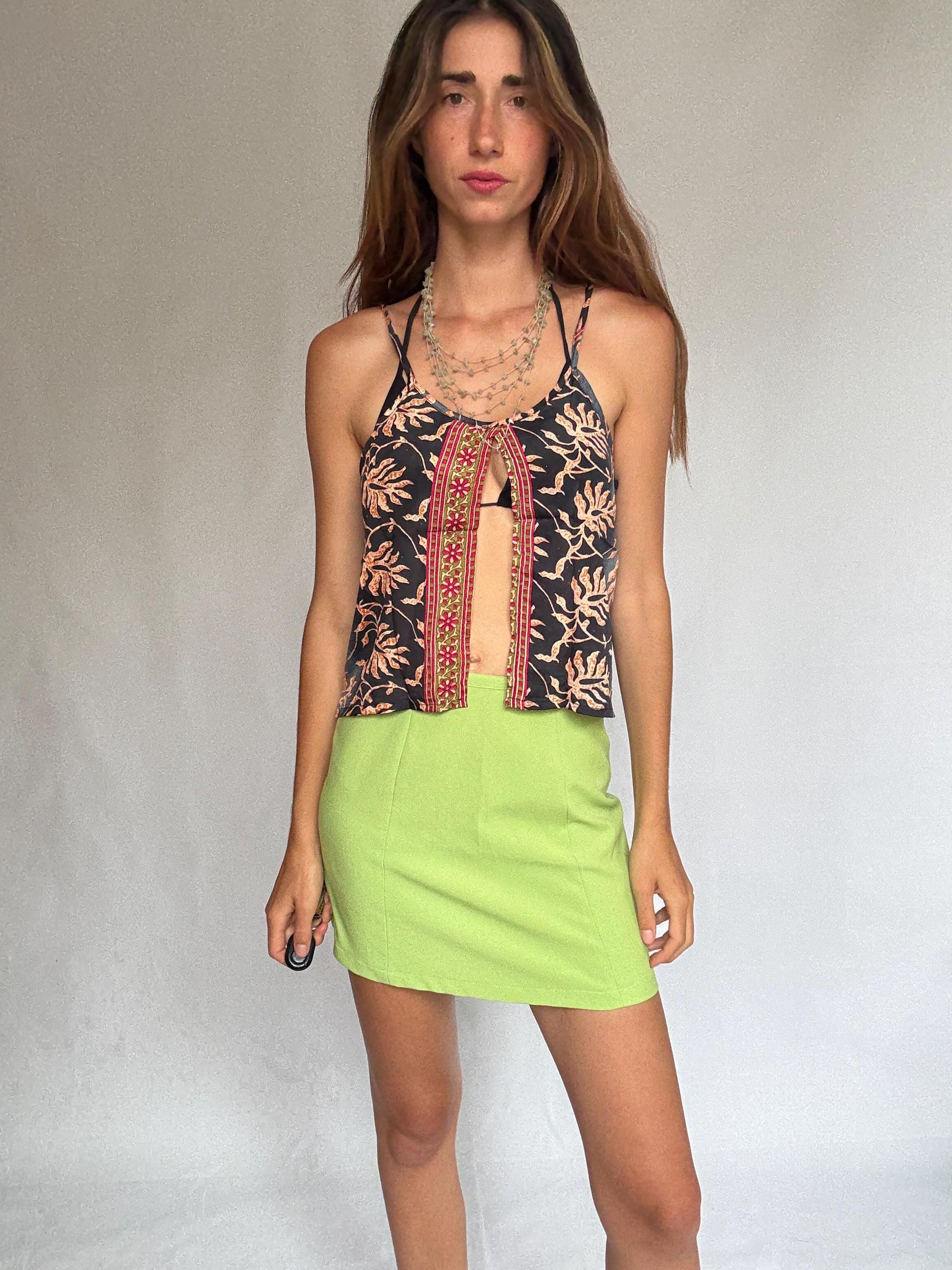 Boho silk camisole top – tropical floral embroidery, open front cut, Coachella-style festival look, 70% silk, fits size S/M, Y2K vibe