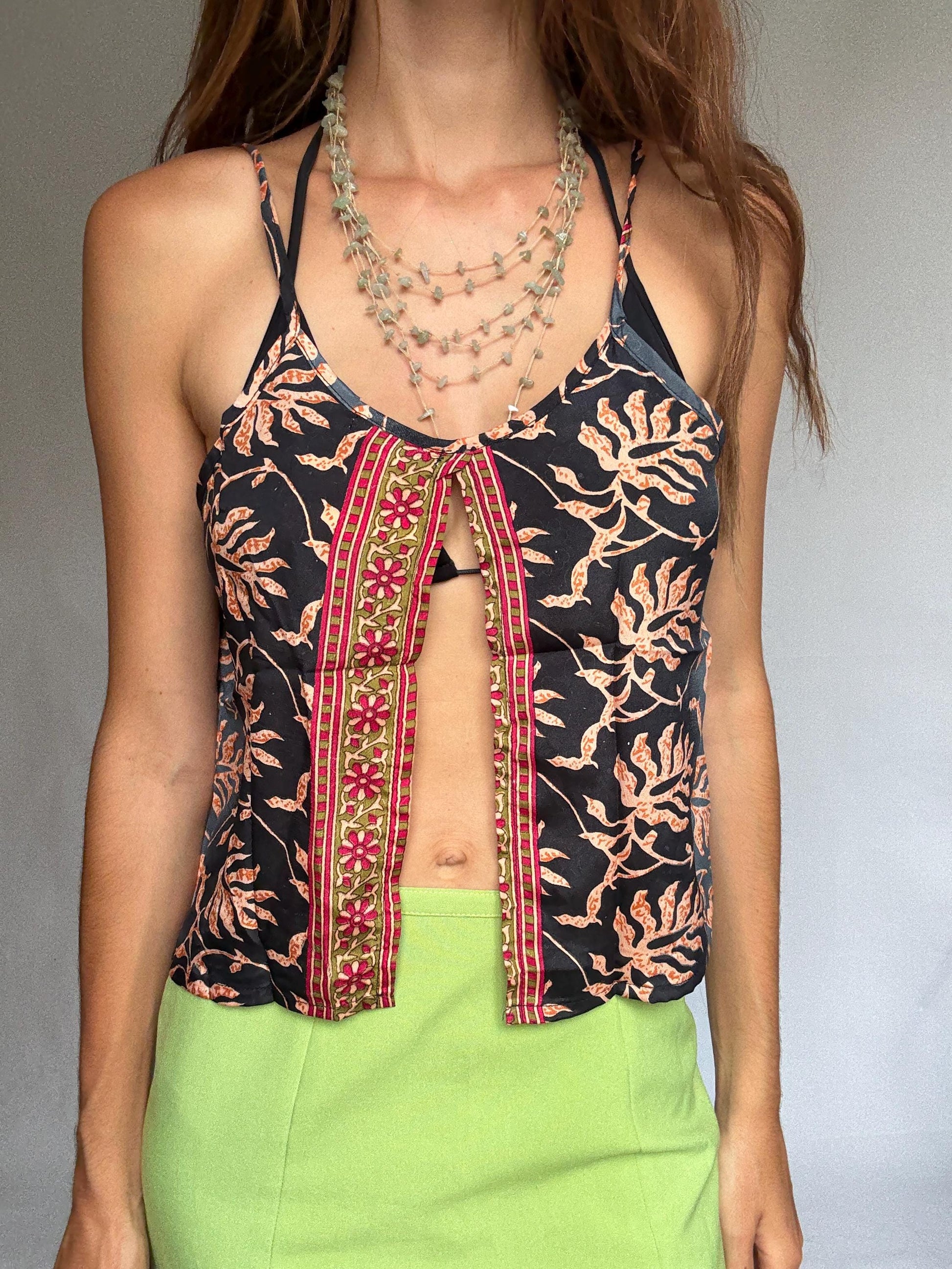 Boho silk camisole top – tropical floral embroidery, open front cut, Coachella-style festival look, 70% silk, fits size S/M, Y2K vibe