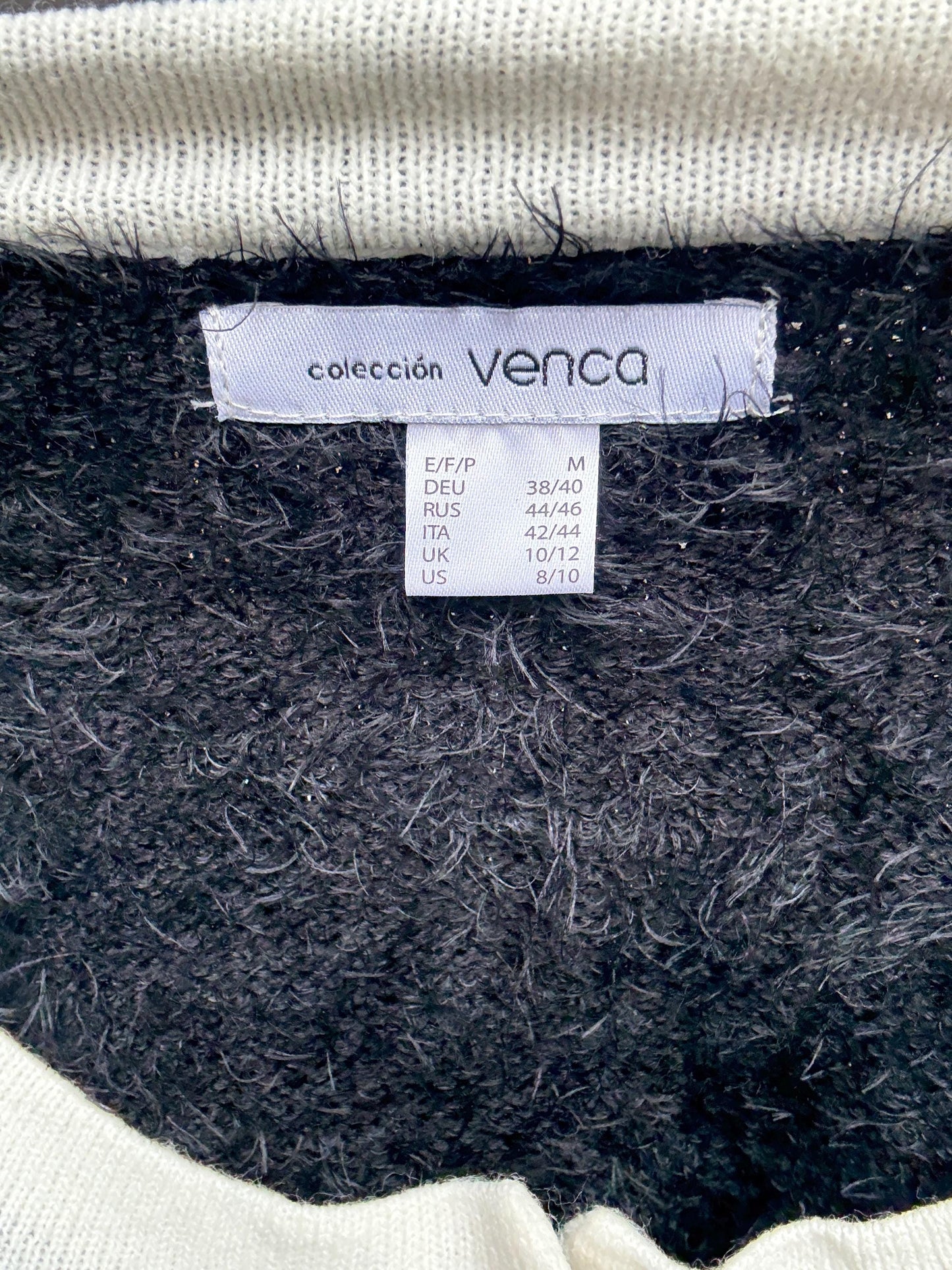 Fuzzy Black and White Cardigan Jacket with Gold Buttons – Collecion Venca Size M/L, Vintage Inspired Soft Knit Blazer