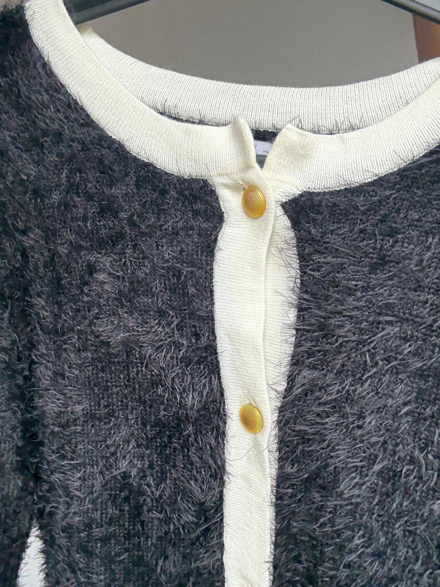 Fuzzy Black and White Cardigan Jacket with Gold Buttons – Collecion Venca Size M/L, Vintage Inspired Soft Knit Blazer