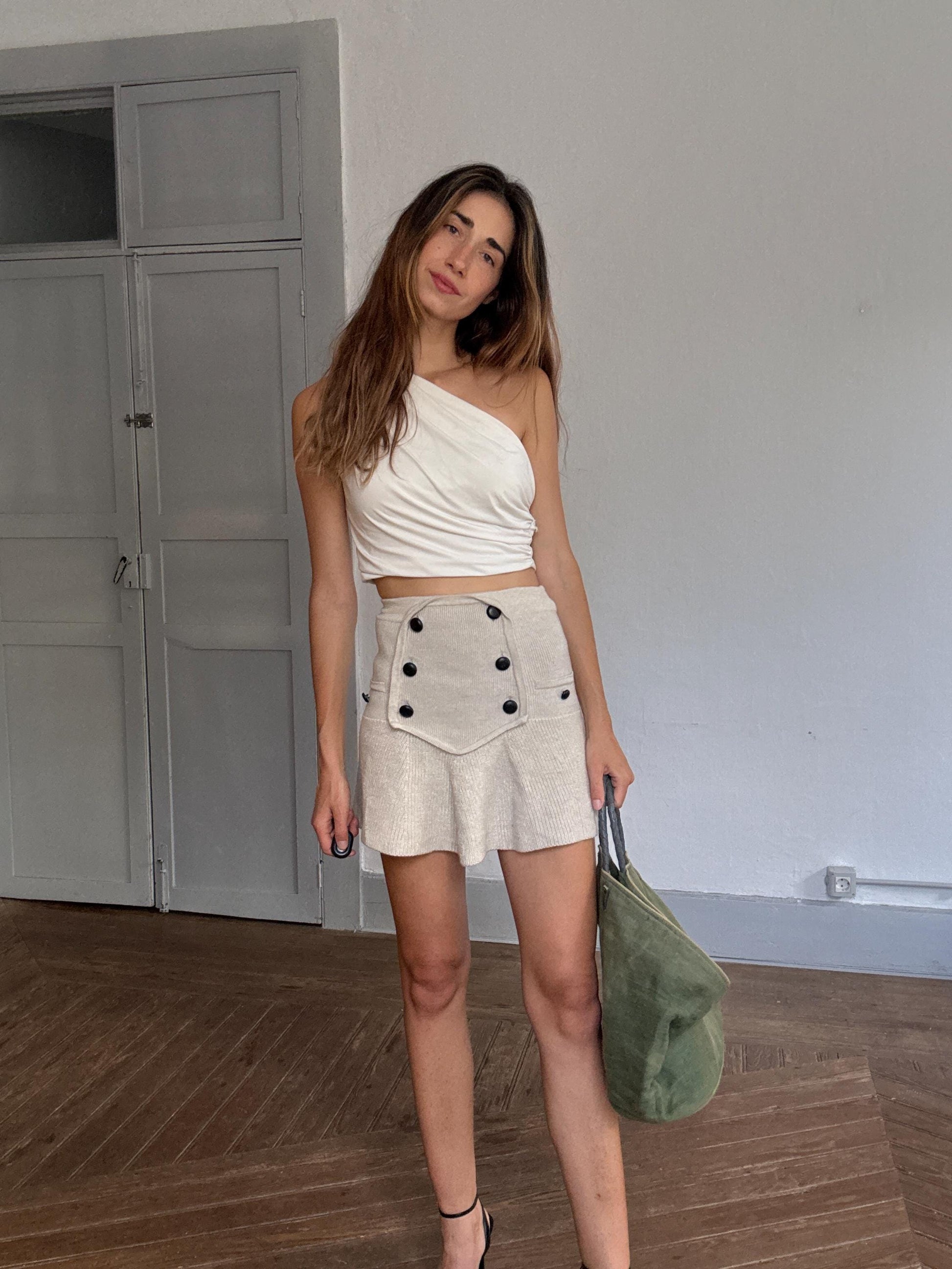 Dayaday large green shoulder bag – canvas tote with leather straps, earthy color shopper, perfect for market or beach