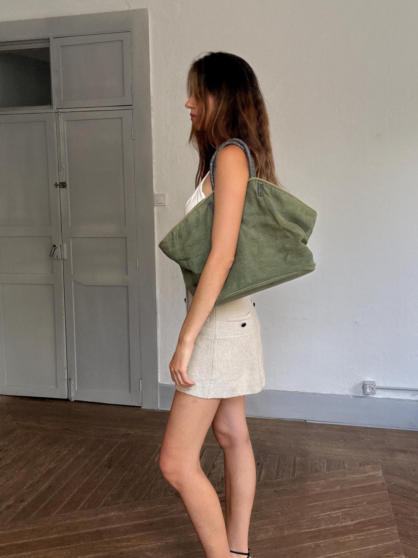 Dayaday large green shoulder bag – canvas tote with leather straps, earthy color shopper, perfect for market or beach