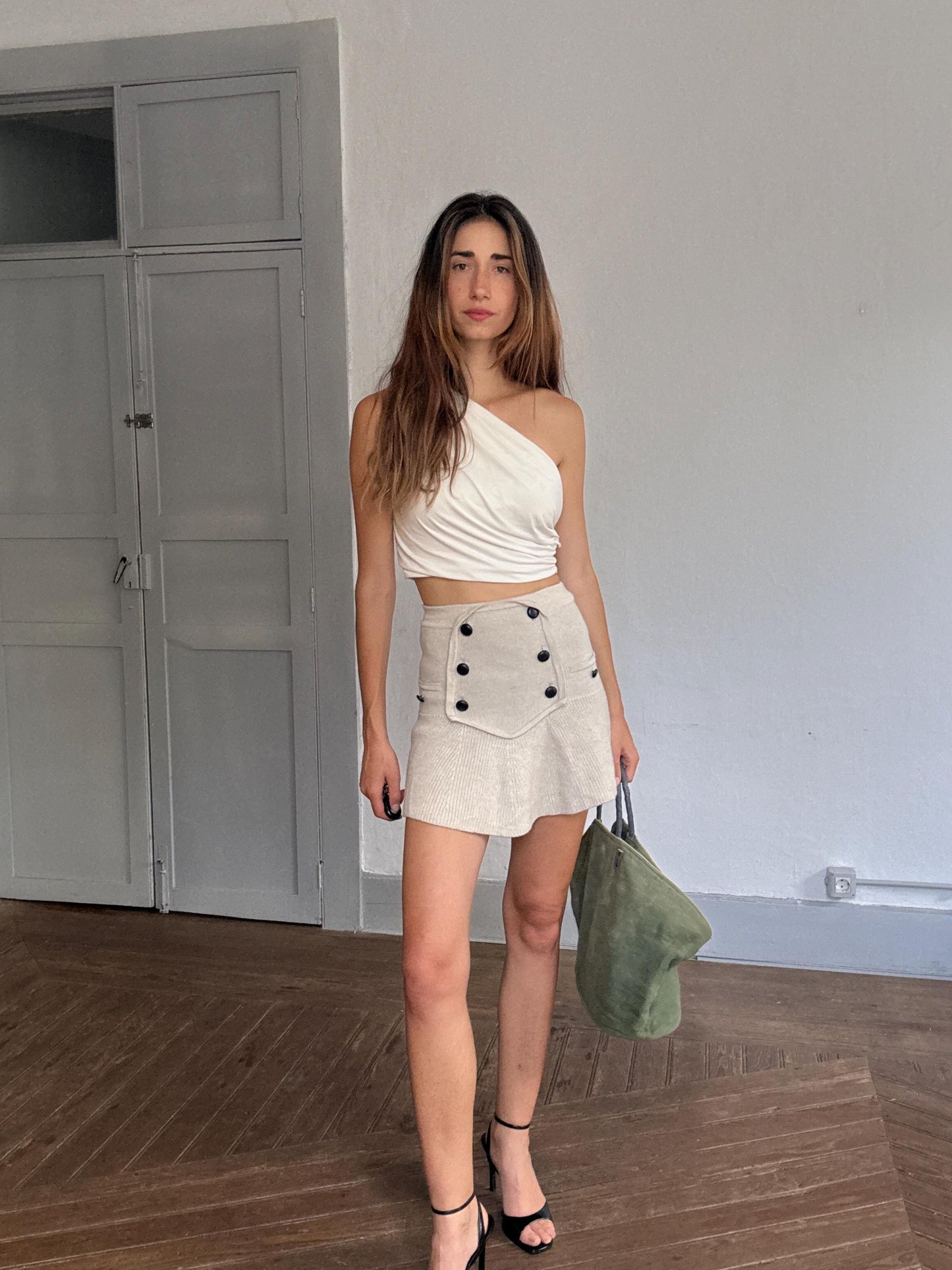 Dayaday large green shoulder bag – canvas tote with leather straps, earthy color shopper, perfect for market or beach