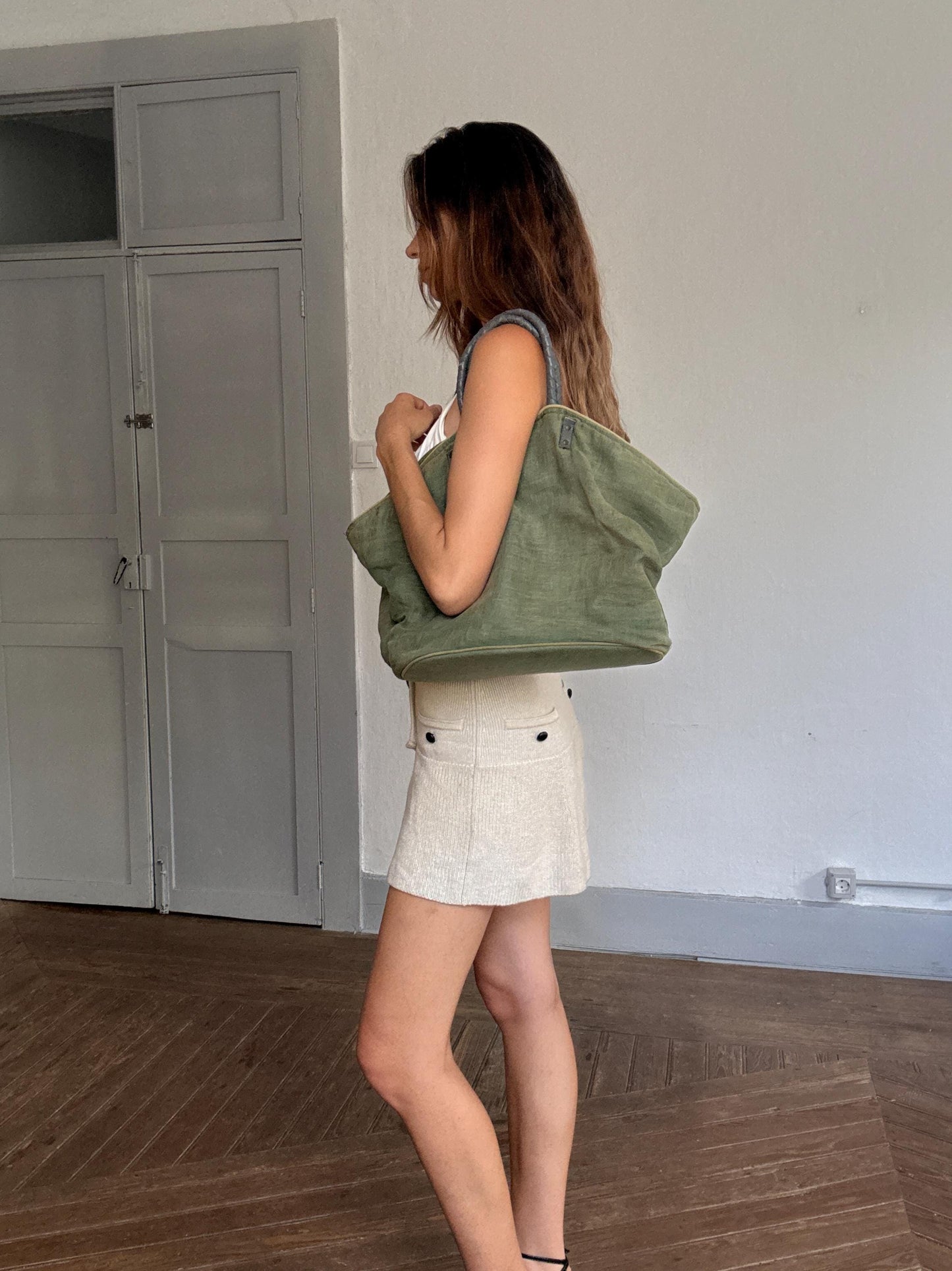 Dayaday large green shoulder bag – canvas tote with leather straps, earthy color shopper, perfect for market or beach