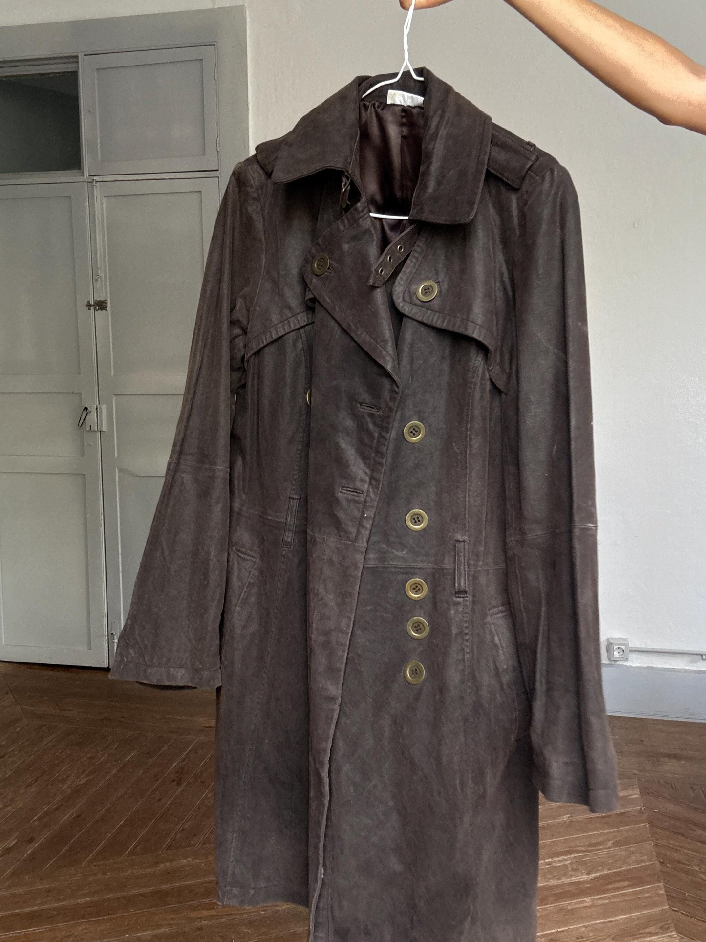 Matrix-Inspired Brown Leather Trench Coat — back view