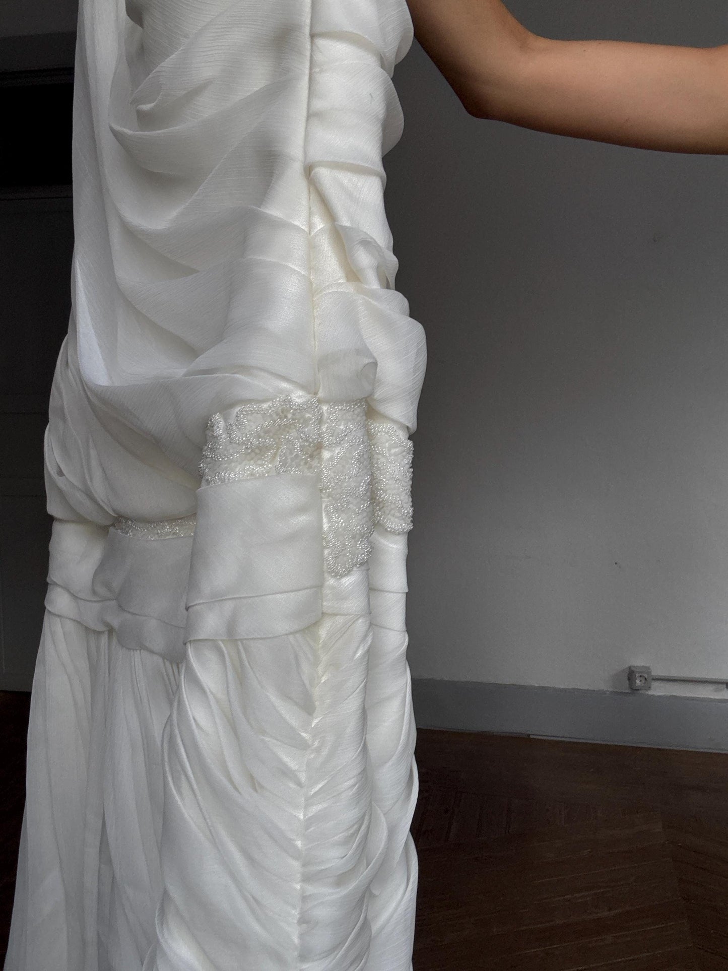 Pronovias One Shoulder Wedding Dress – Greek goddess bridal gown, draped satin maxi dress UK 12 D38, bridal 2000s red carpet vibe