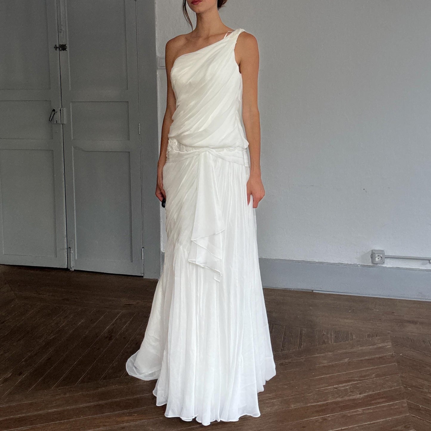 Pronovias One Shoulder Wedding Dress – Greek goddess bridal gown, draped satin maxi dress UK 12 D38, bridal 2000s red carpet vibe