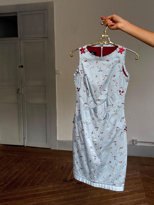 Ogadenia Diaz Vintage Blue Floral Dress, Spanish Designer Couture Petite Fit – Embroidered Y2K Formal Occasion Dress, Size EU 32 - 34, US 2