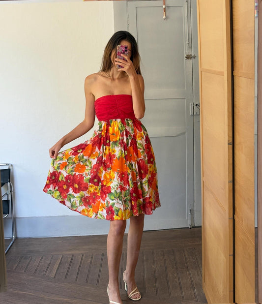 Vintage Colourful summer dress, Strapless red floral midi dress, Flower print housewife dress, Retro 80s woman dress