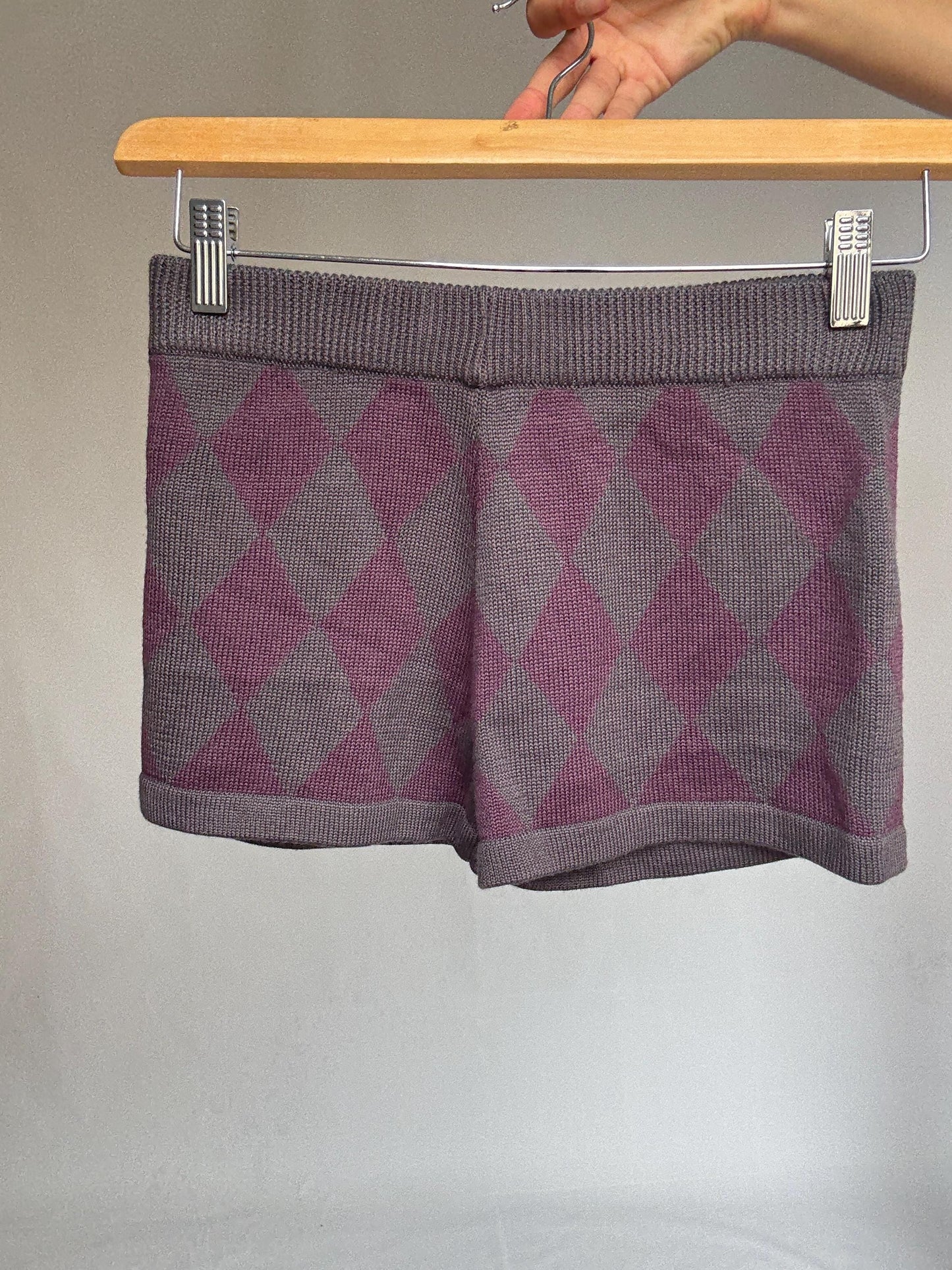 Purple Argyle Knit Shorts – Wool Blend Cozy Cottagecore Bottoms, Size M UK10 US6, New with Tags, Y2K Preppy Vibe