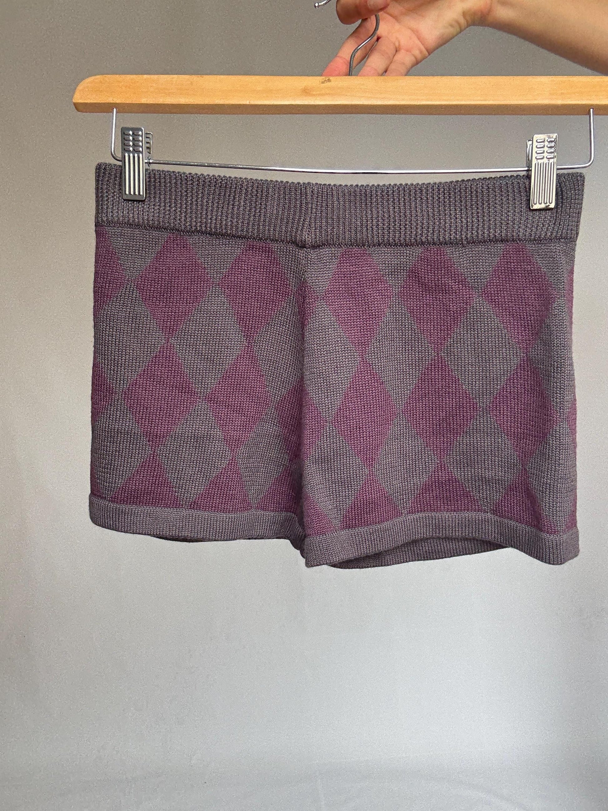 Purple Argyle Knit Shorts – Wool Blend Cozy Cottagecore Bottoms, Size M UK10 US6, New with Tags, Y2K Preppy Vibe