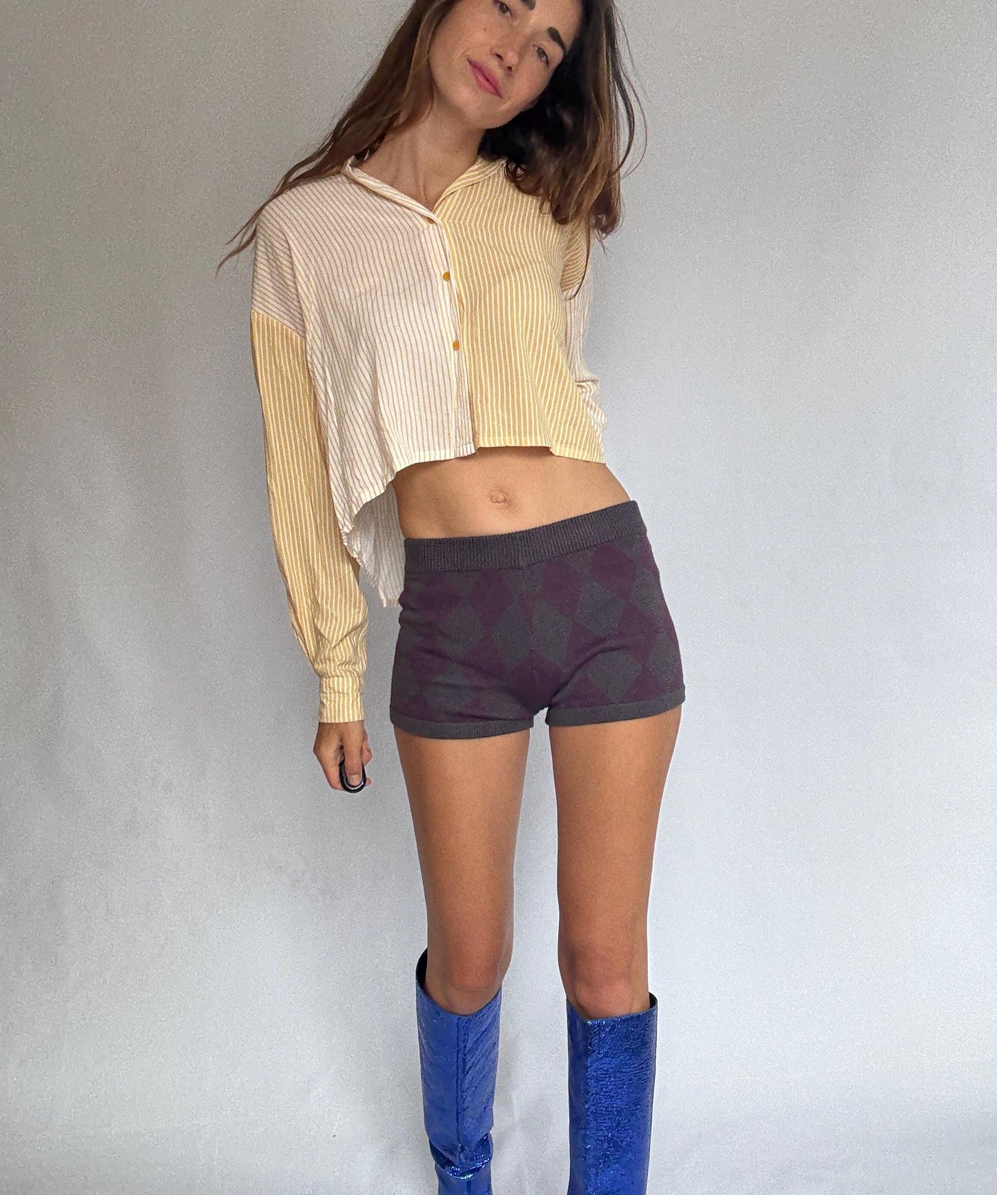 Purple Argyle Knit Shorts – Wool Blend Cozy Cottagecore Bottoms, Size M UK10 US6, New with Tags, Y2K Preppy Vibe