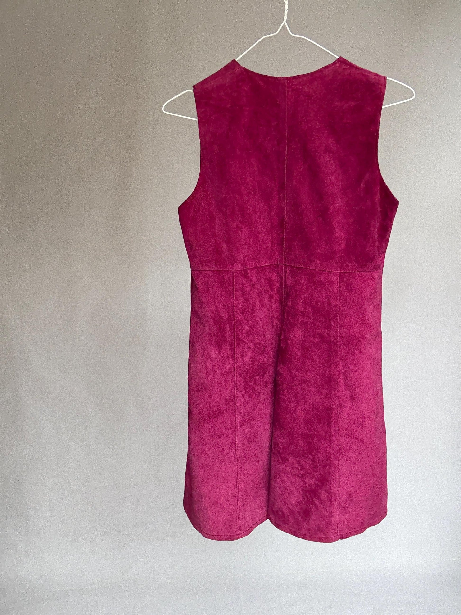70s genuine leather mini dress, Vintage Magenta Suede Real Leather 90s, Size S,