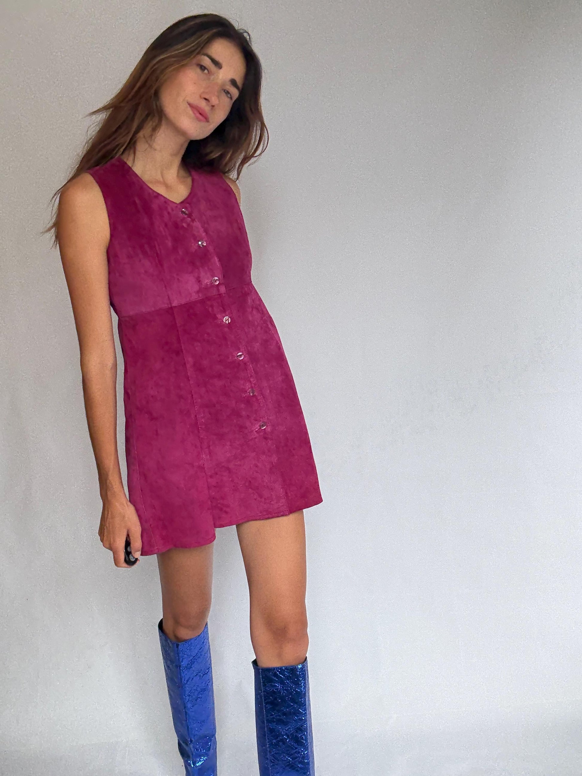 70s genuine leather mini dress, Vintage Magenta Suede Real Leather 90s Sleeveless Button Front Shift, Size S, Festival Retro look