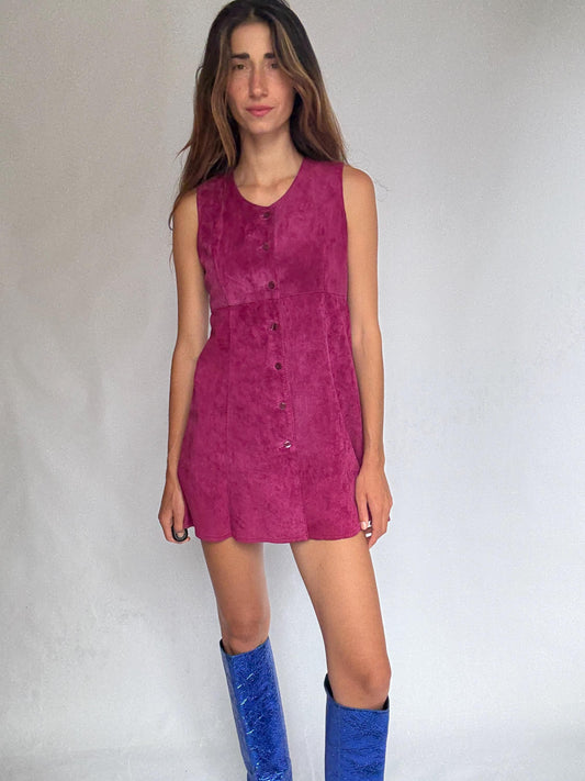 70s genuine leather mini dress, Vintage Magenta Suede Real Leather 90s Sleeveless Button Front Shift, Size S, Festival Retro look