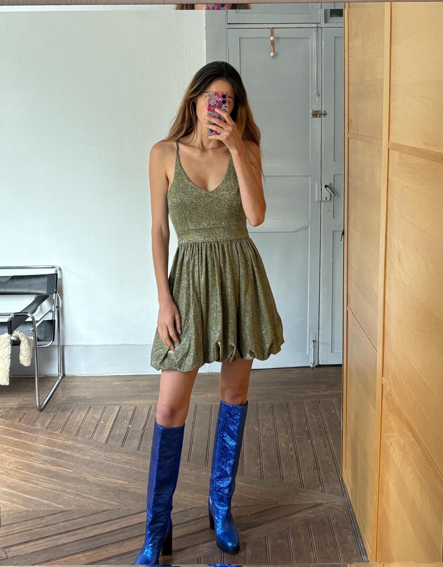 Vintage Gold Y2K Glitter Mini Dress — back view