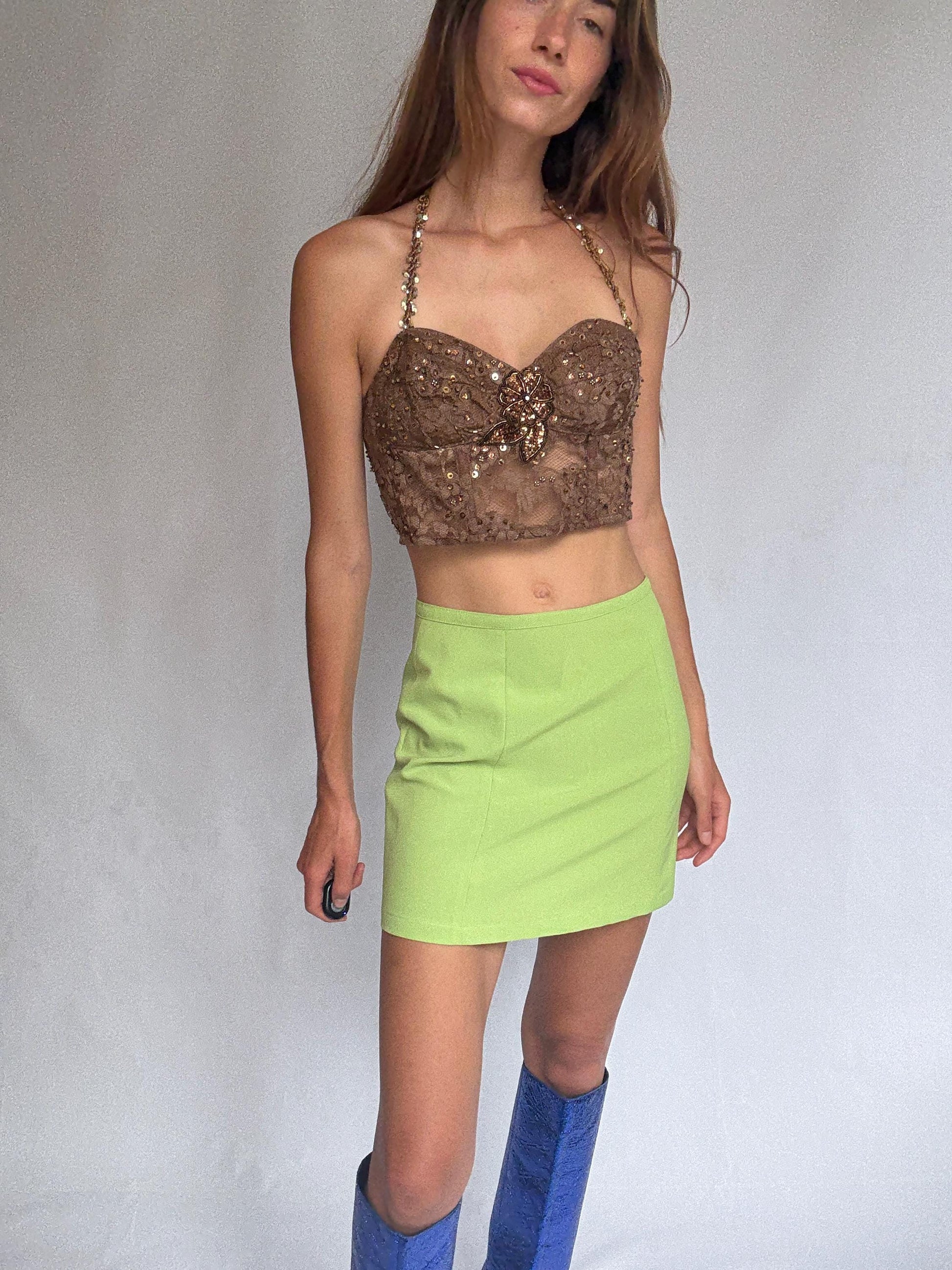 Handmade bronze sequin bustier top – floral lace mesh crop with embellished straps & flower detail – vintage party corset