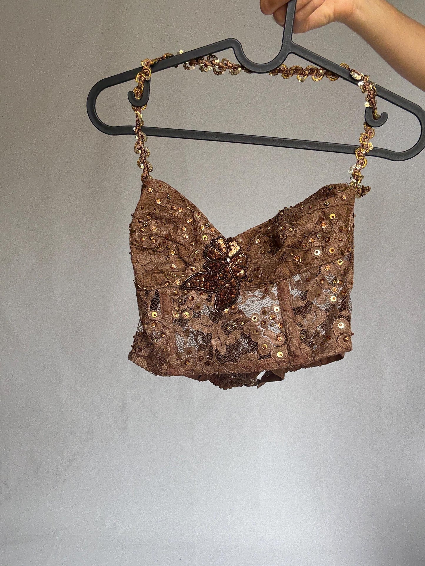 Handmade bronze sequin bustier top – floral lace mesh crop with embellished straps & flower detail – vintage party corset