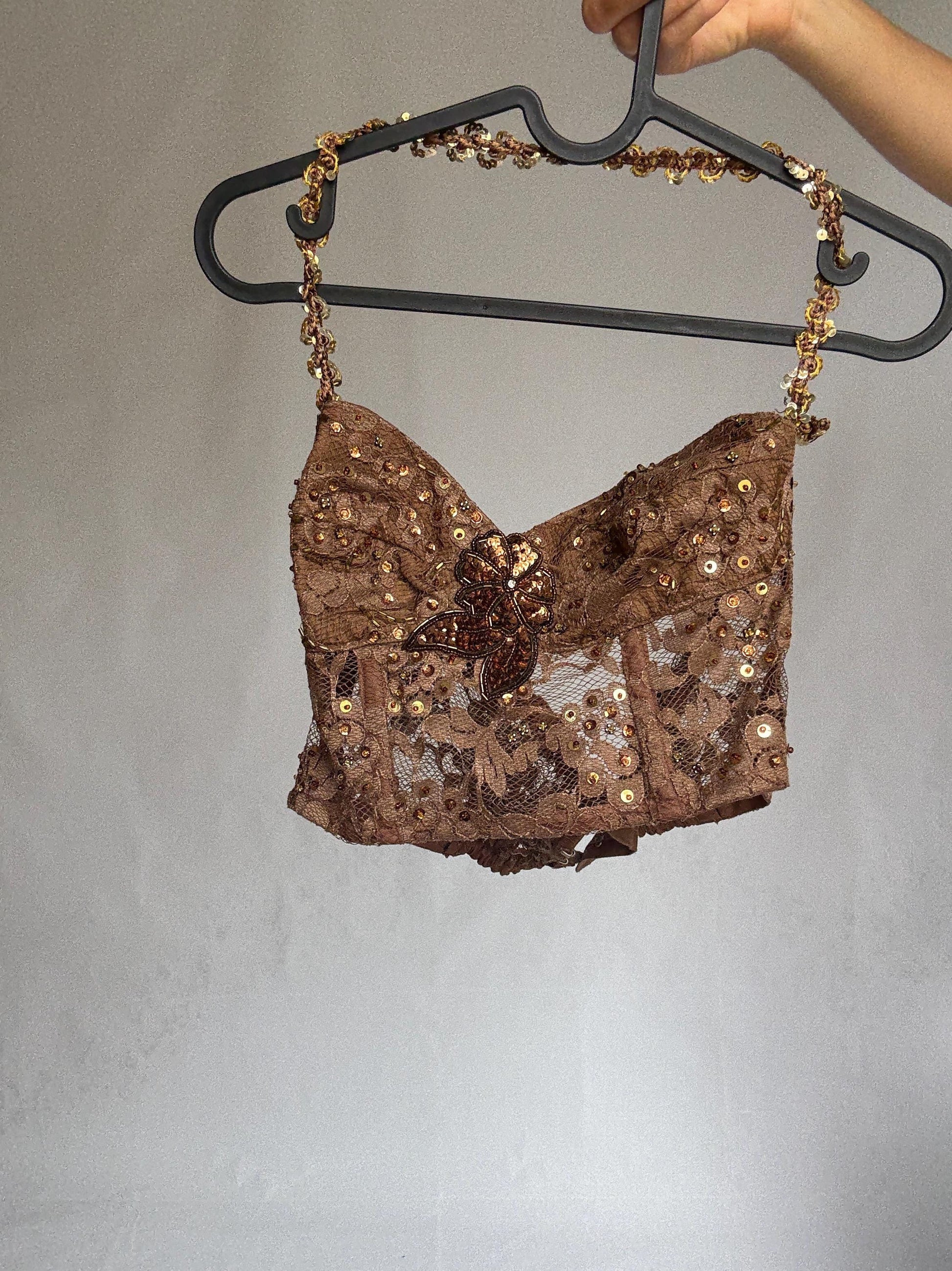 Handmade bronze sequin bustier top – floral lace mesh crop with embellished straps & flower detail – vintage party corset