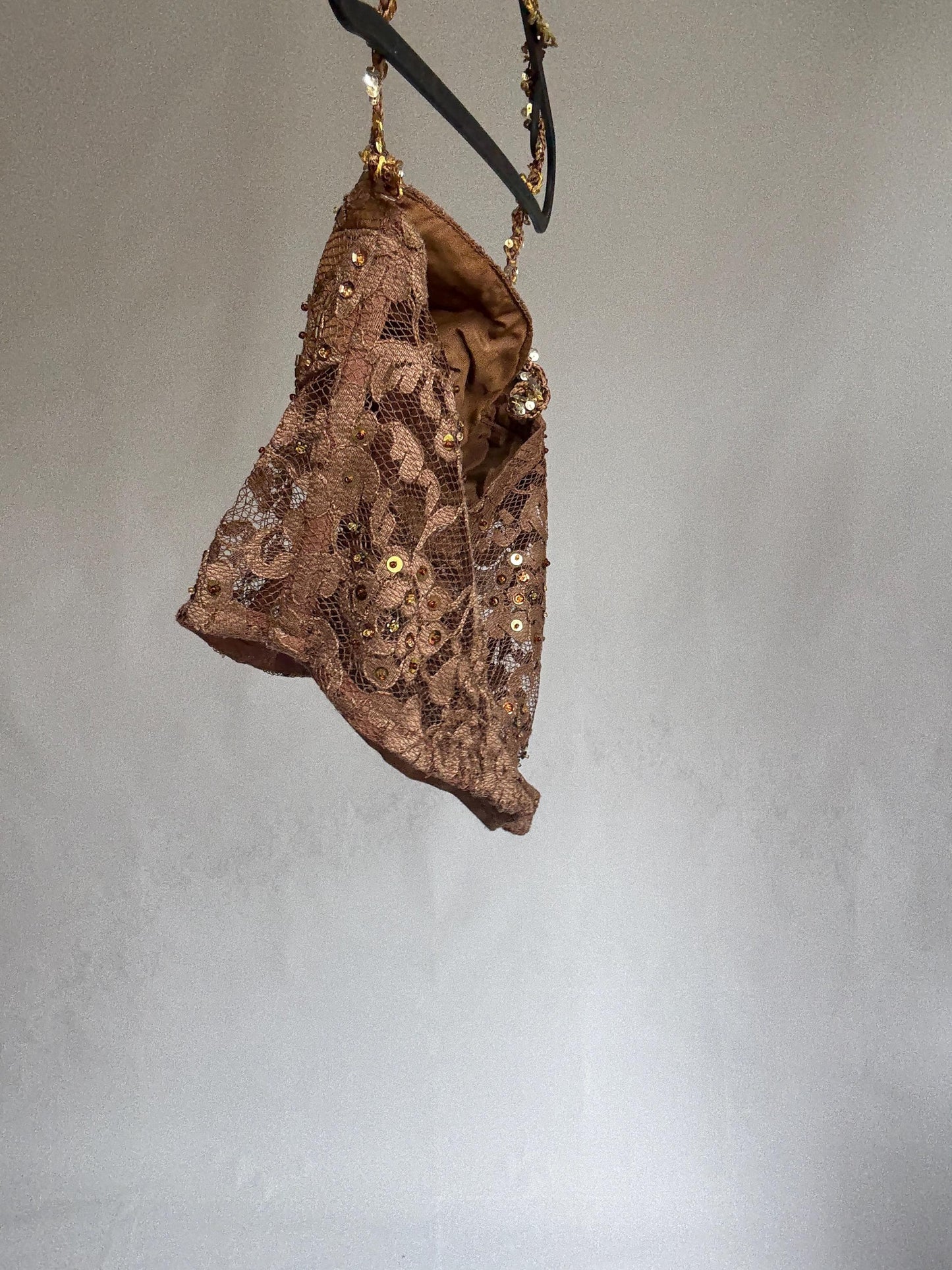 Handmade bronze sequin bustier top – floral lace mesh crop with embellished straps & flower detail – vintage party corset