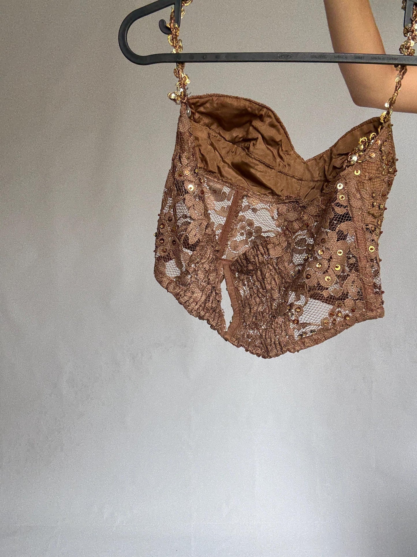 Handmade bronze sequin bustier top – floral lace mesh crop with embellished straps & flower detail – vintage party corset