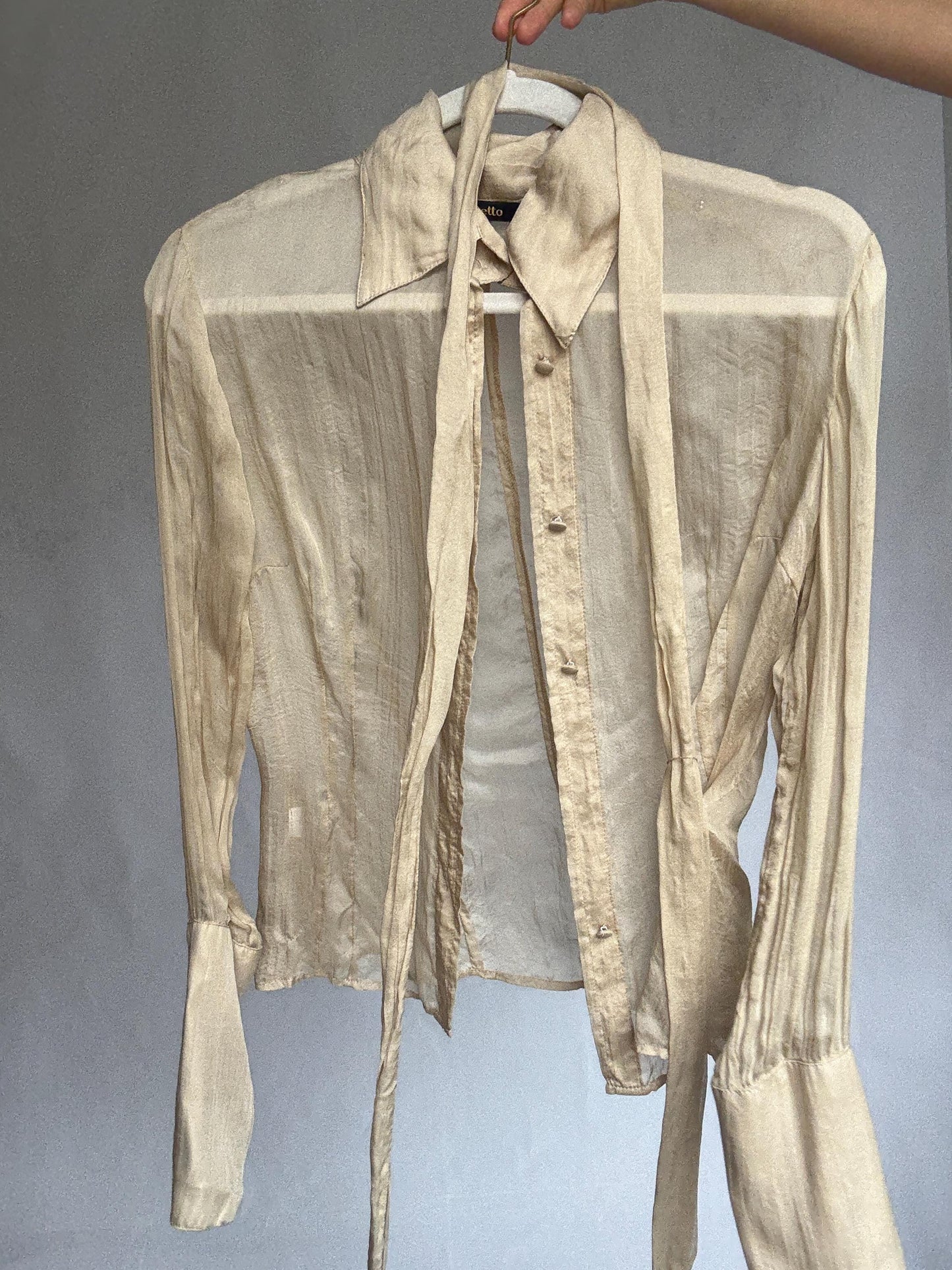 Sheer Light Beige Blouse with Waist Tie – Feminine Vintage Style, See-Through Summer Shirt, Size S