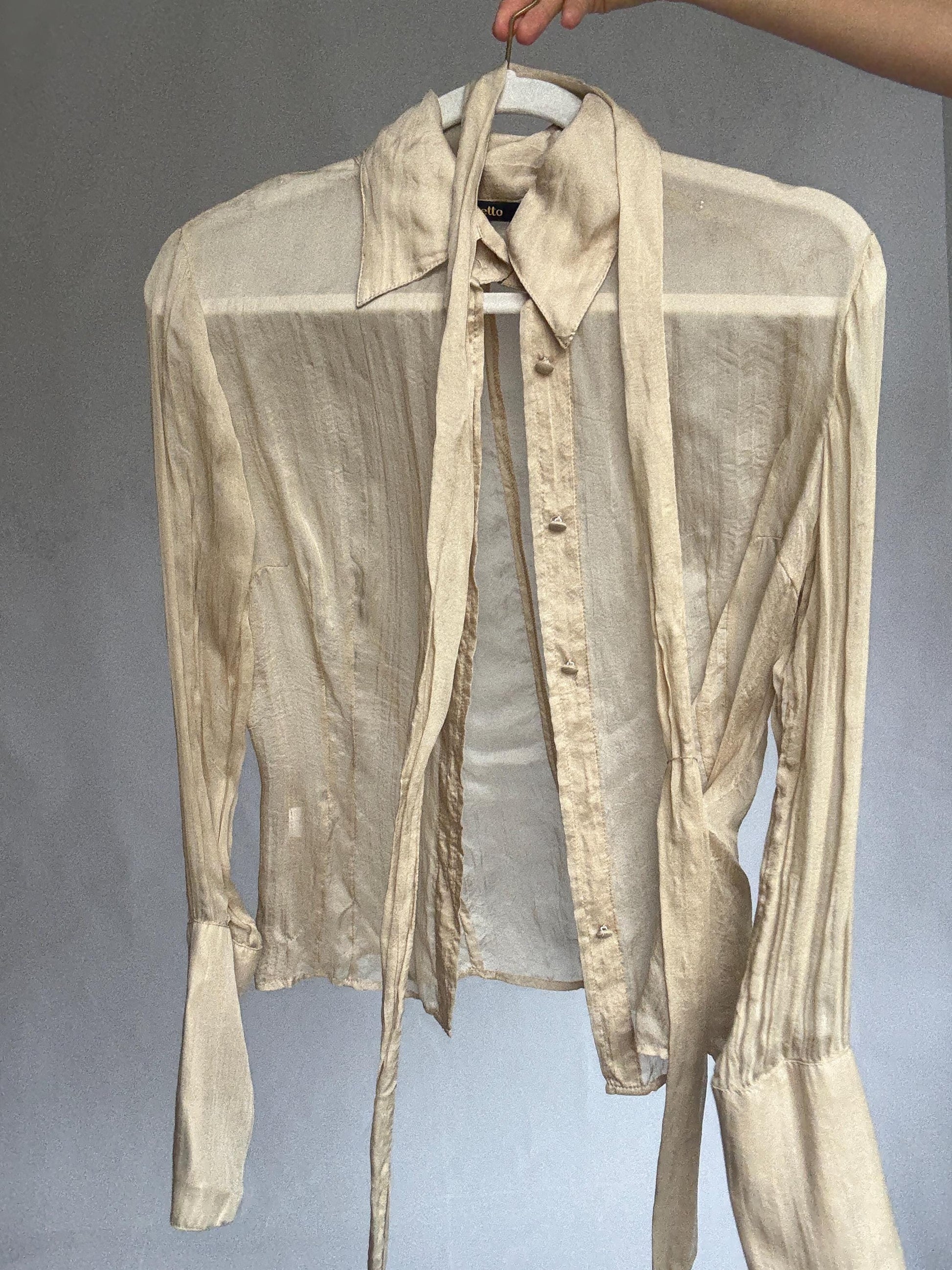Sheer Light Beige Blouse with Waist Tie – Feminine Vintage Style, See-Through Summer Shirt, Size S