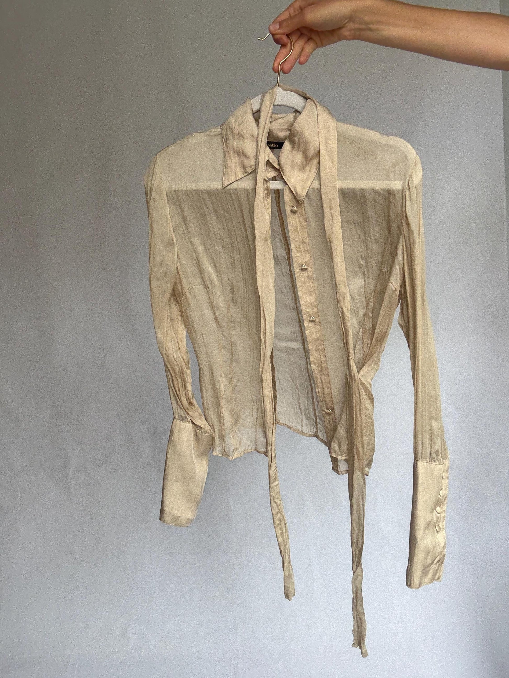 Sheer Light Beige Blouse with Waist Tie – Feminine Vintage Style, See-Through Summer Shirt, Size S