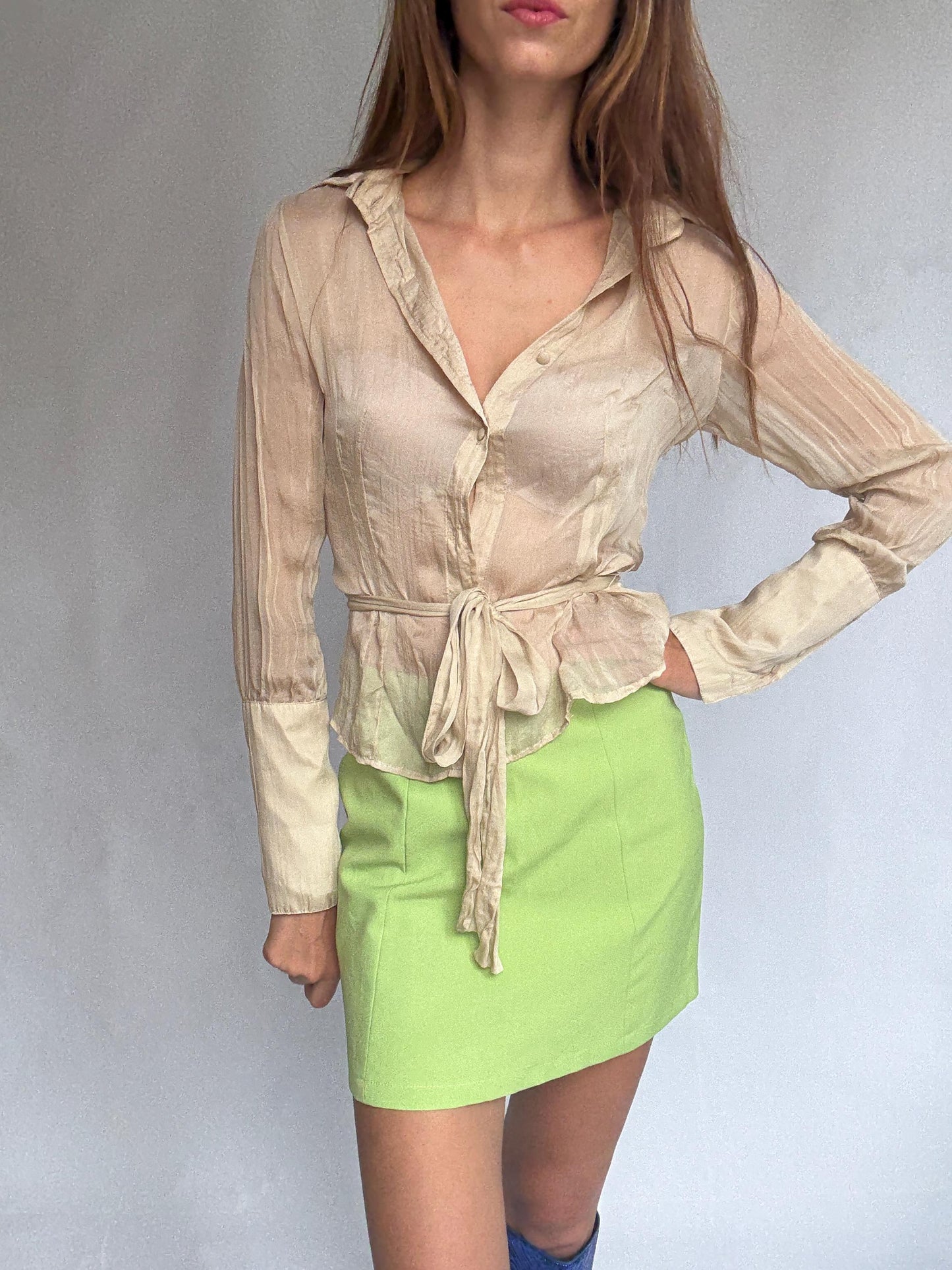 Sheer Light Beige Blouse with Waist Tie – Feminine Vintage Style, See-Through Summer Shirt, Size S