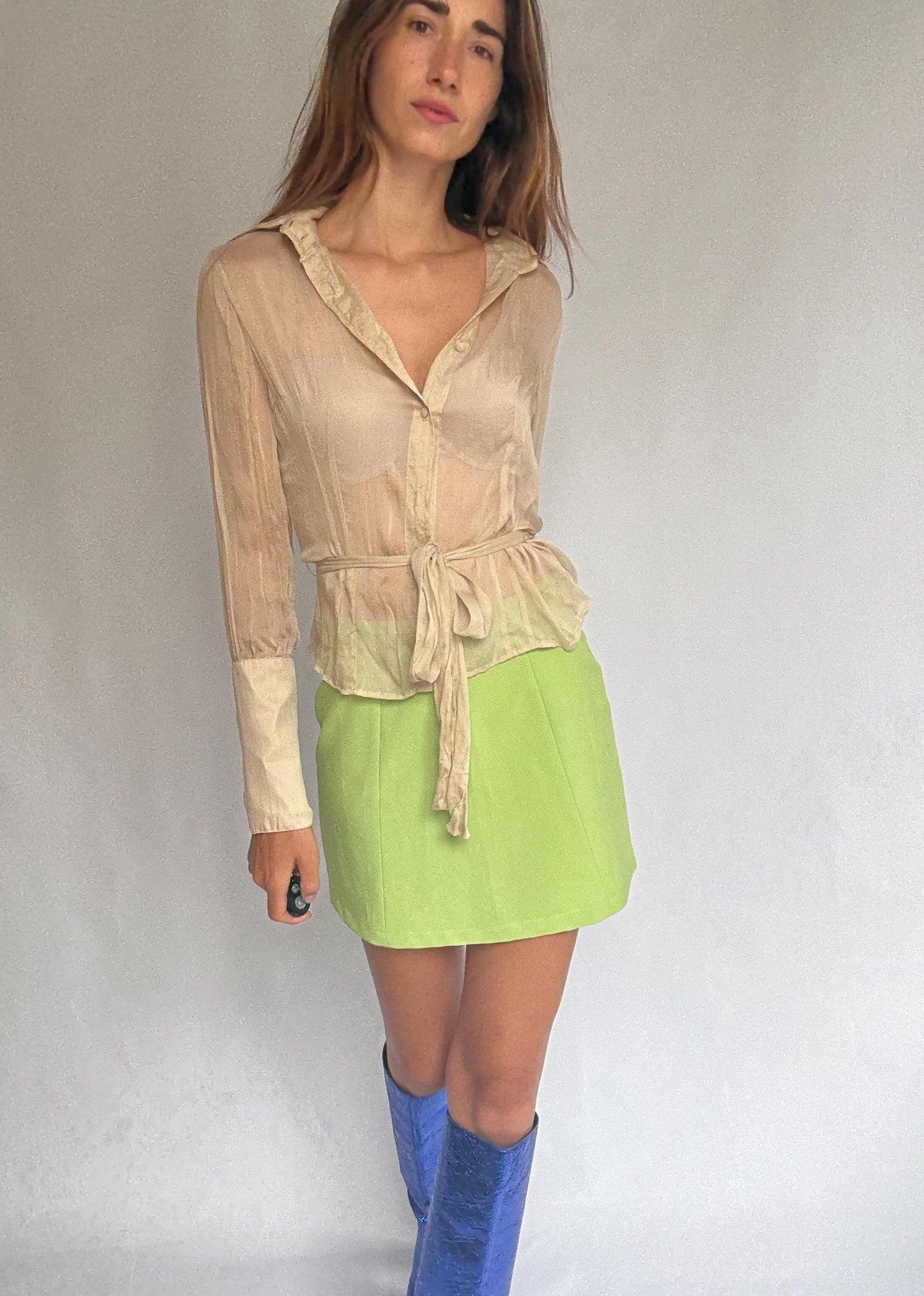 Sheer Light Beige Blouse with Waist Tie – Feminine Vintage Style, See-Through Summer Shirt, Size S