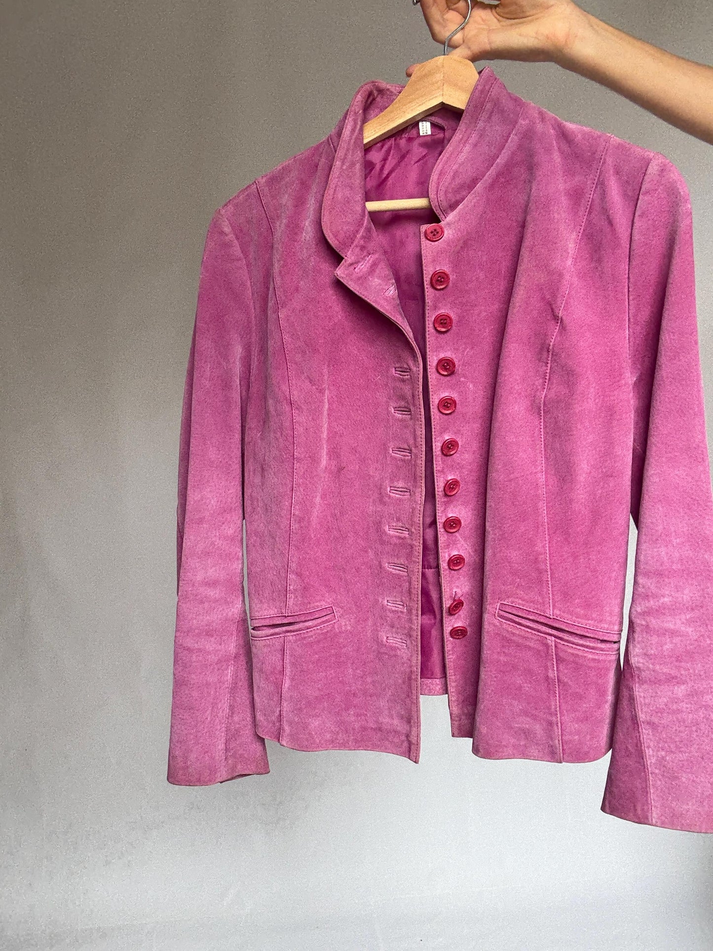 Vintage Pink Suede Jacket – Real Leather 90s Blazer Style with Mandarin Collar, Size L, Soft Retro Festival Statement Piece