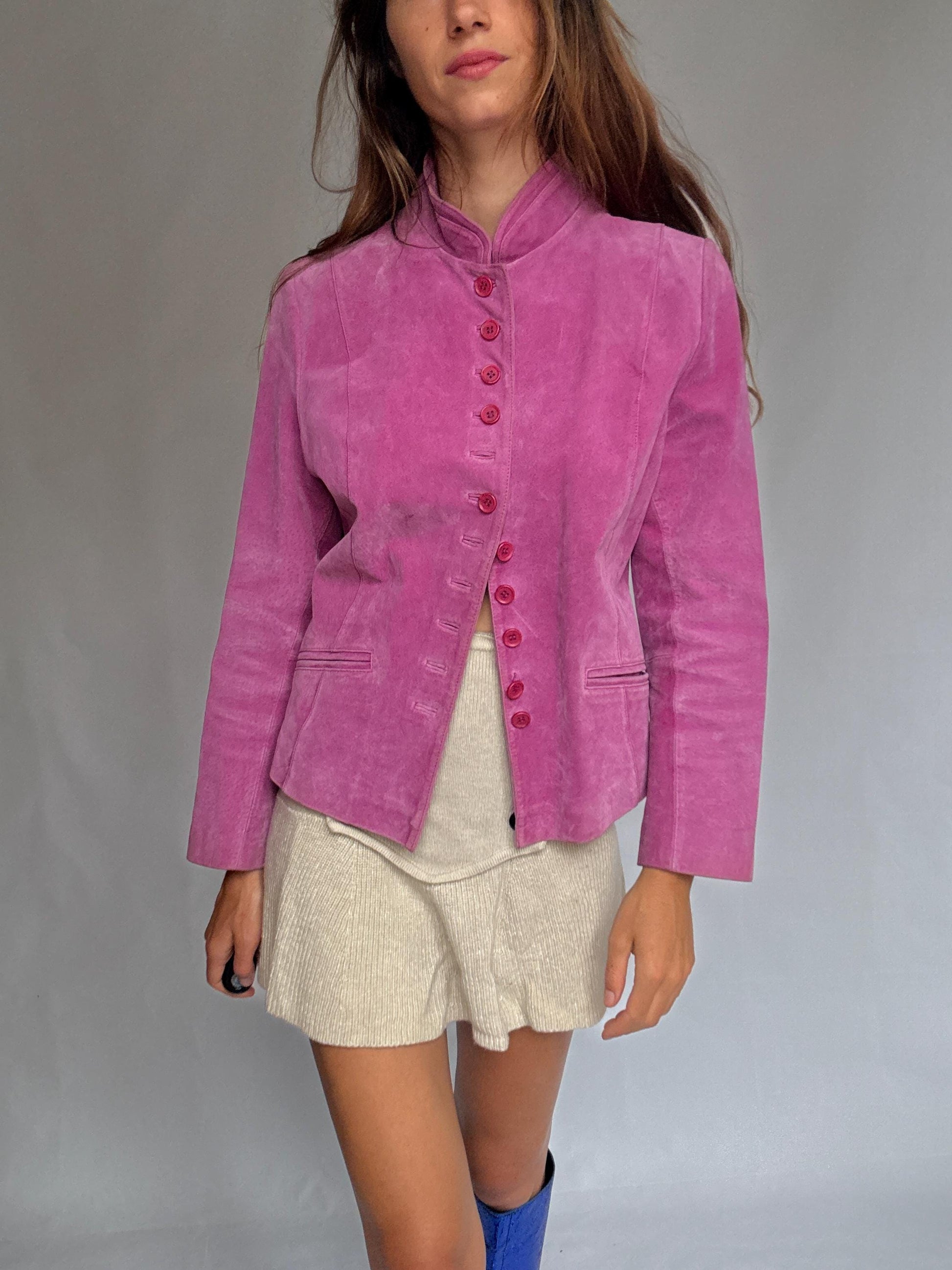 Vintage Pink Suede Jacket – Real Leather 90s Blazer Style with Mandarin Collar, Size L, Soft Retro Festival Statement Piece