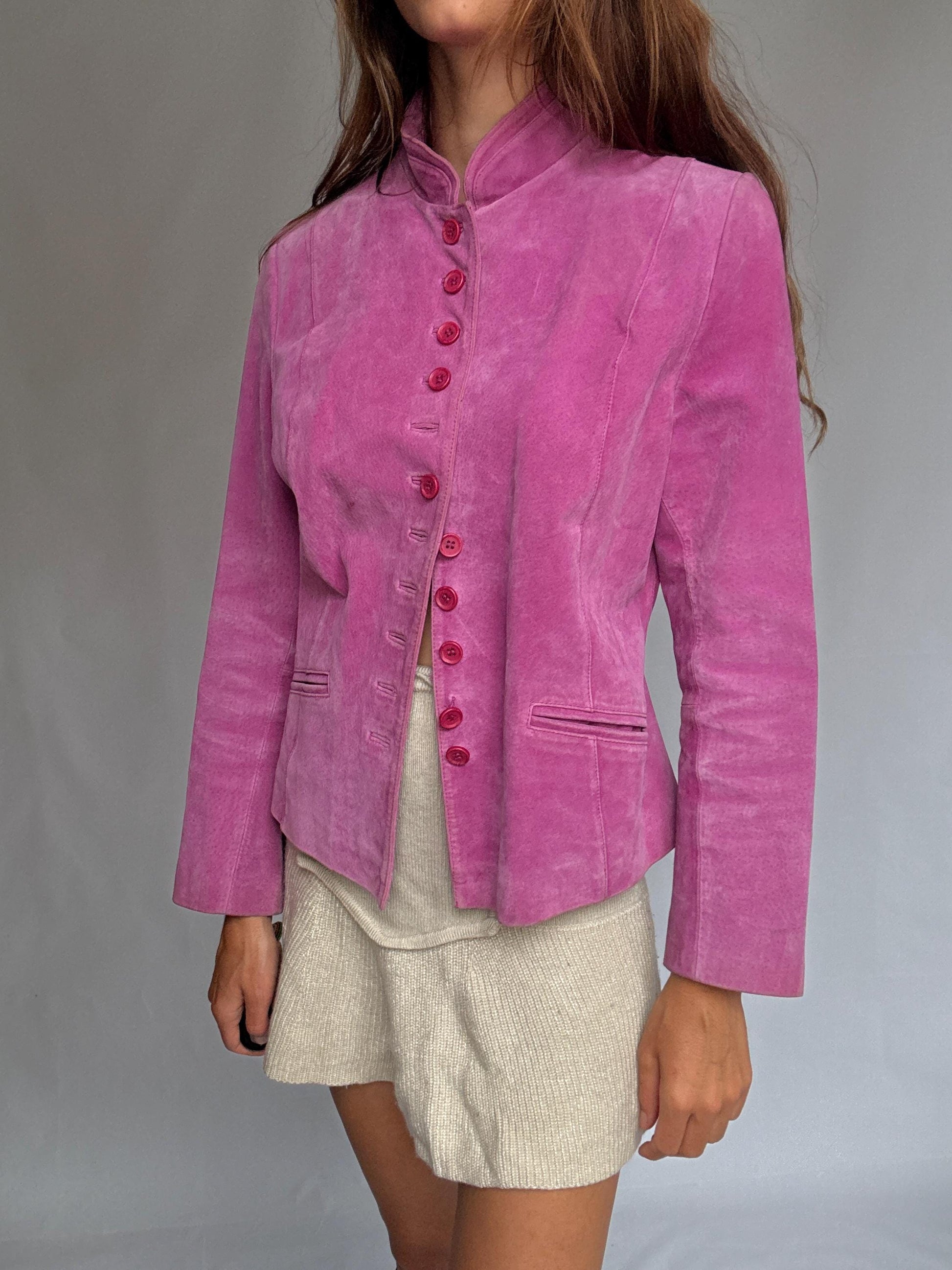 Vintage Pink Suede Jacket – Real Leather 90s Blazer Style with Mandarin Collar, Size L, Soft Retro Festival Statement Piece