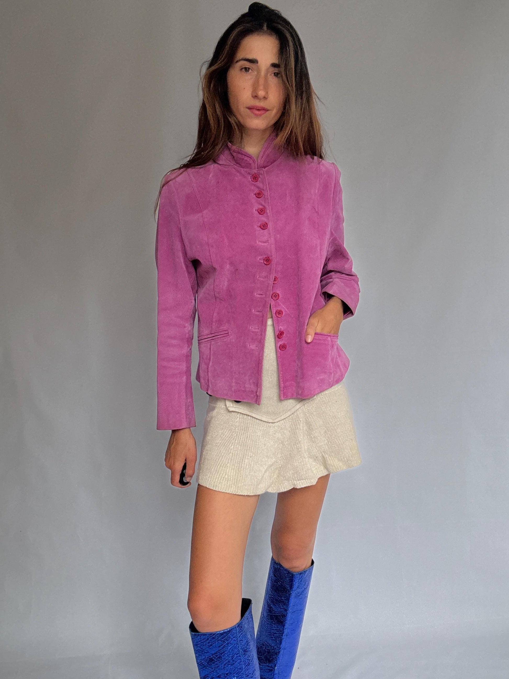 Vintage Pink Suede Jacket – Real Leather 90s Blazer Style with Mandarin Collar, Size L, Soft Retro Festival Statement Piece