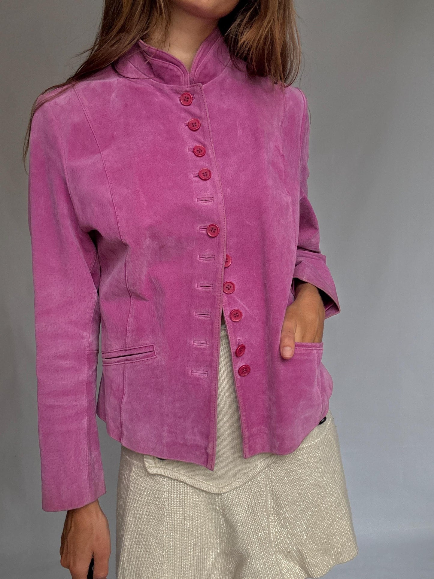 Vintage Pink Suede Jacket – Real Leather 90s Blazer Style with Mandarin Collar, Size L, Soft Retro Festival Statement Piece