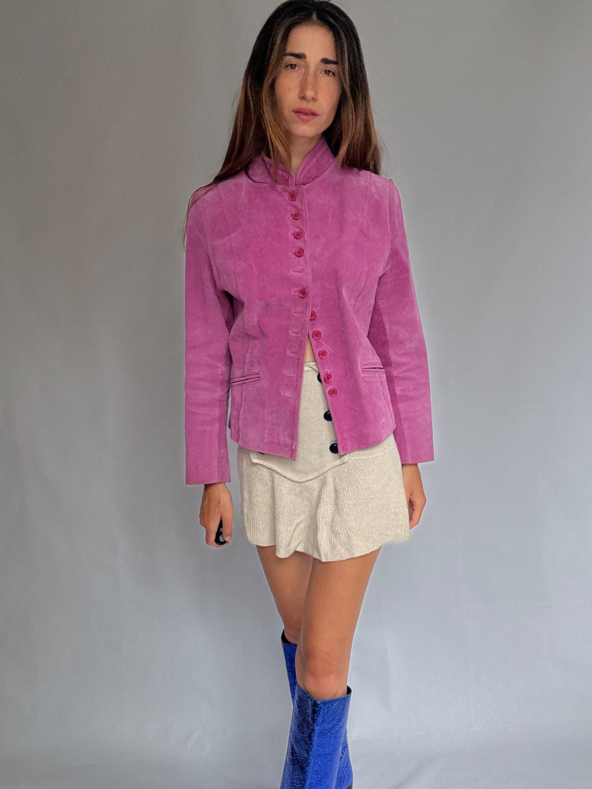 Vintage Pink Suede Jacket – Real Leather 90s Blazer Style with Mandarin Collar, Size L, Soft Retro Festival Statement Piece