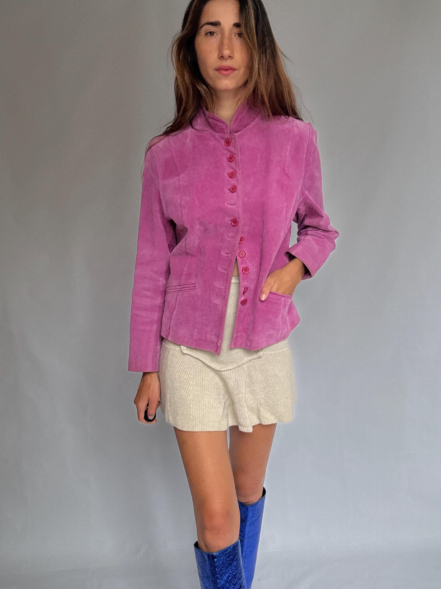 Vintage Pink Suede Jacket – Real Leather 90s Blazer Style with Mandarin Collar, Size L, Soft Retro Festival Statement Piece