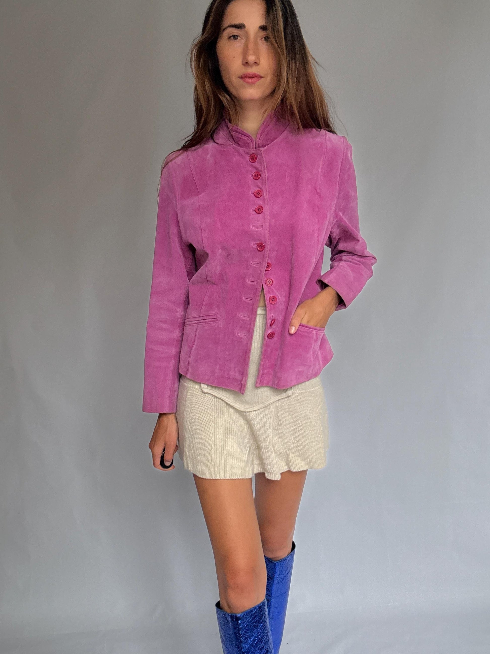 Vintage Pink Suede Jacket – Real Leather 90s Blazer Style with Mandarin Collar, Size L, Soft Retro Festival Statement Piece
