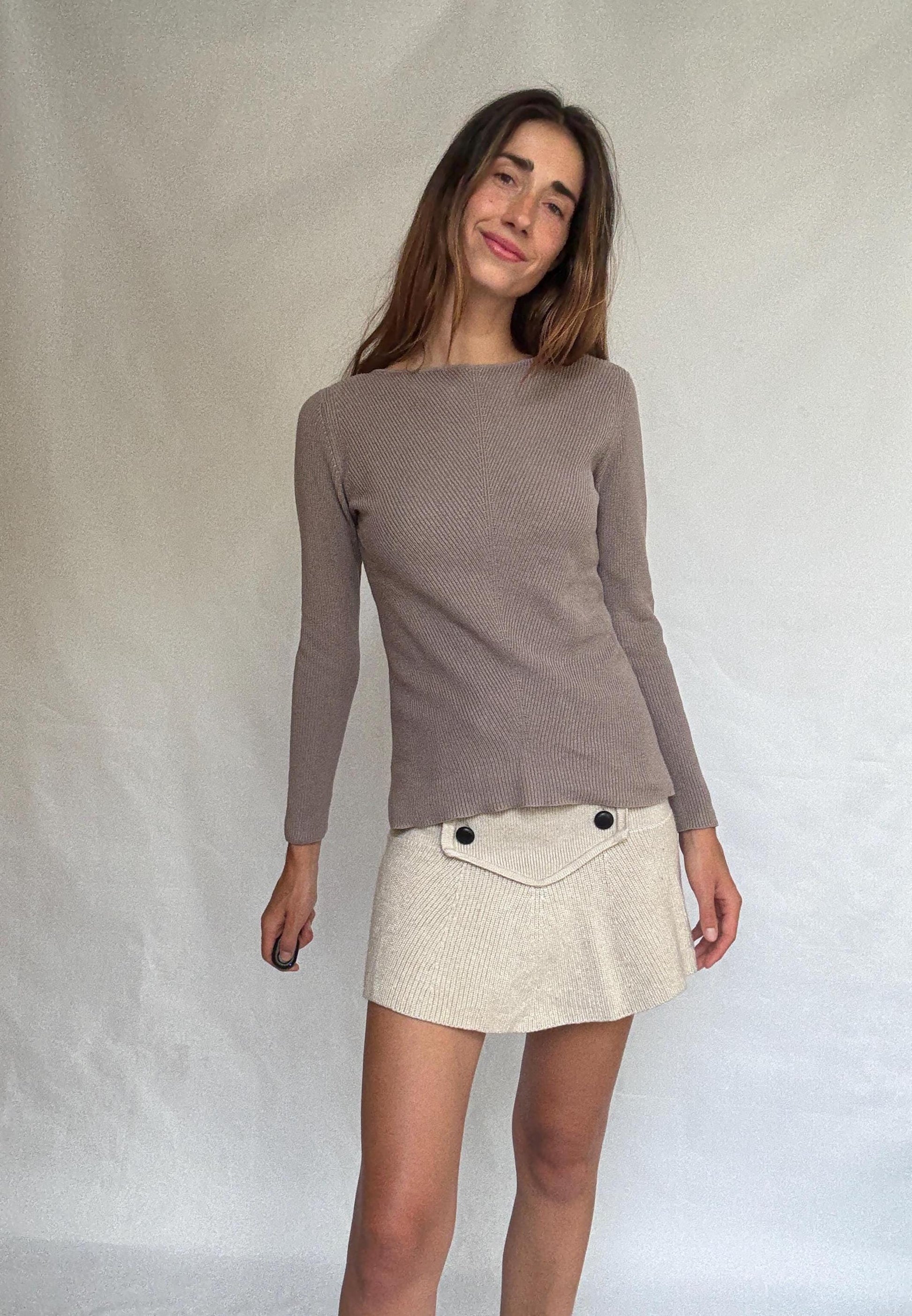 Massimo Dutti taupe brown long, sleeve top, 100% cotton, slim fit, ribbed texture, minimalist, US S, versatile layering piece