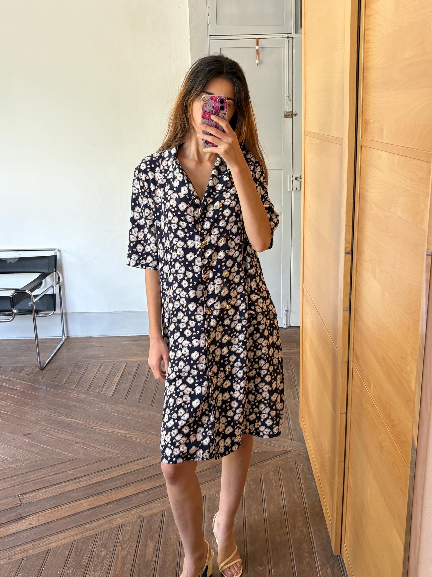 Vintage handmade floral blue dress, Flower print housewife dress, Retro 80s woman dress